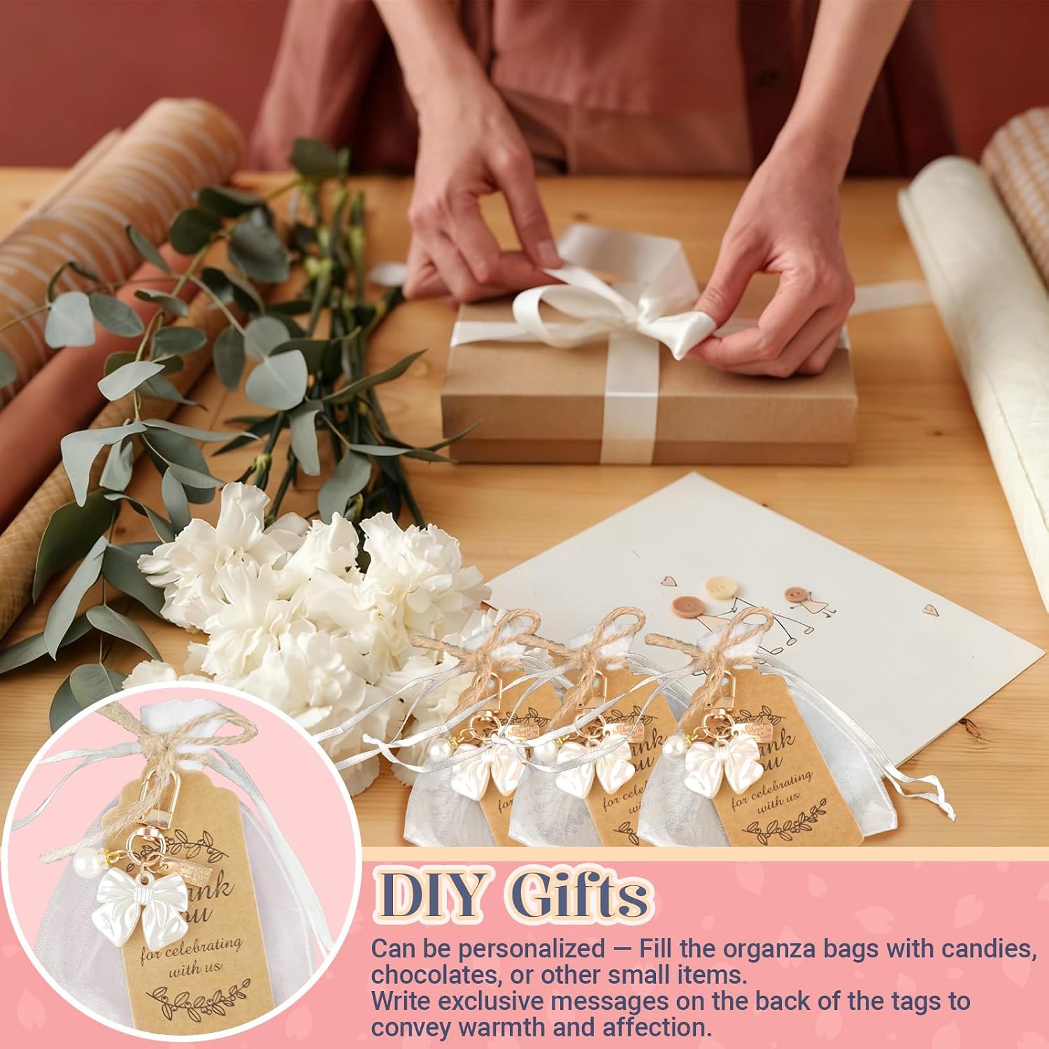 20 Pack Pearl Bow Keychain Bridal Shower Favors, Wedding Party Favors with Kraft Tag Organza Bag Jute Rope, Thank You Gifts Souvenirs Bulk for Guest Bridesmaid Baptism (Pearl Bow) image 4