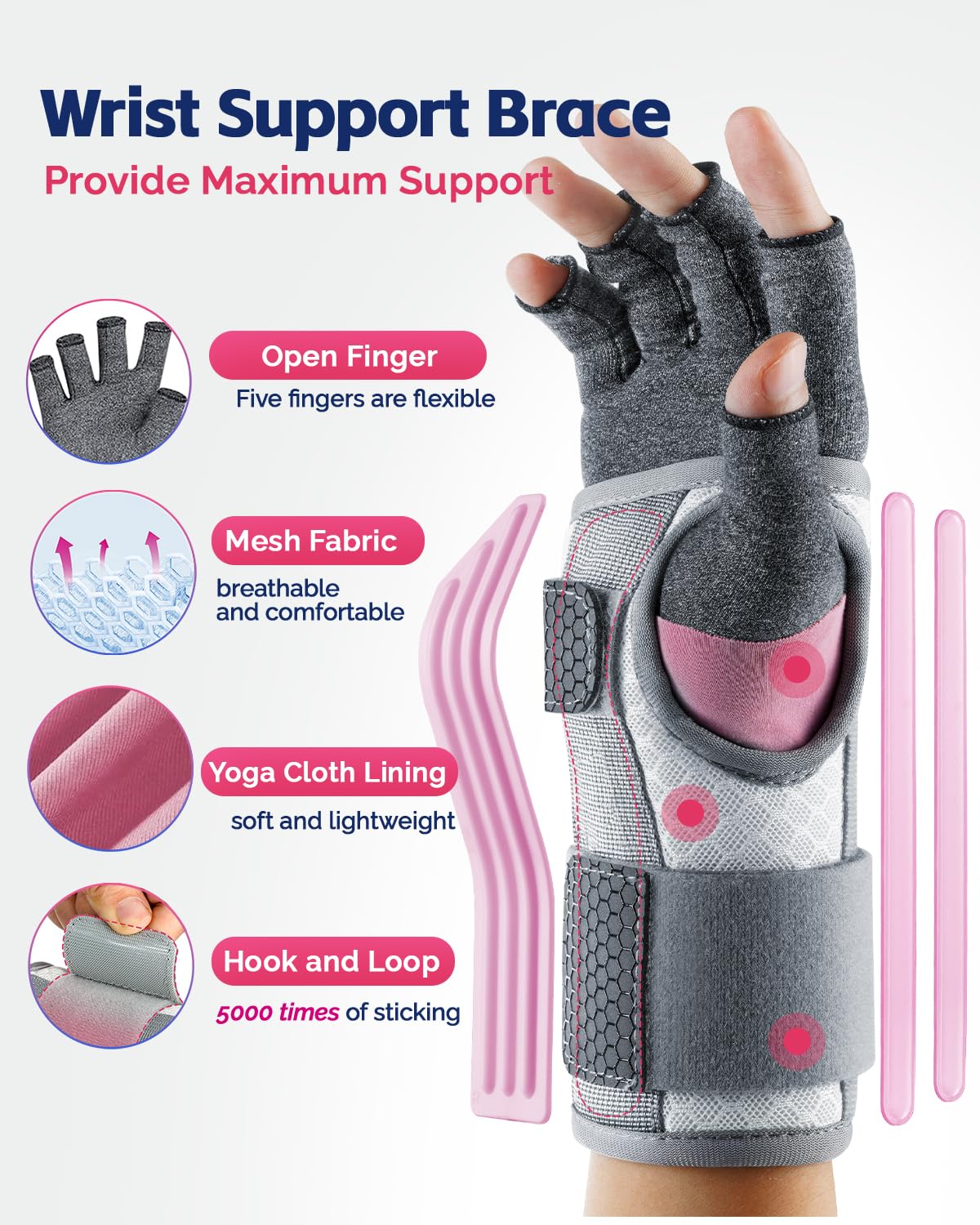 FEATOL Juego de muñequera para túnel carpiano y guantes de compresión para artritis para mujer, muñequera corta, soporte diurno, alivio del dolor para el trabajo, mecanografía, tendinitis, esguinces,