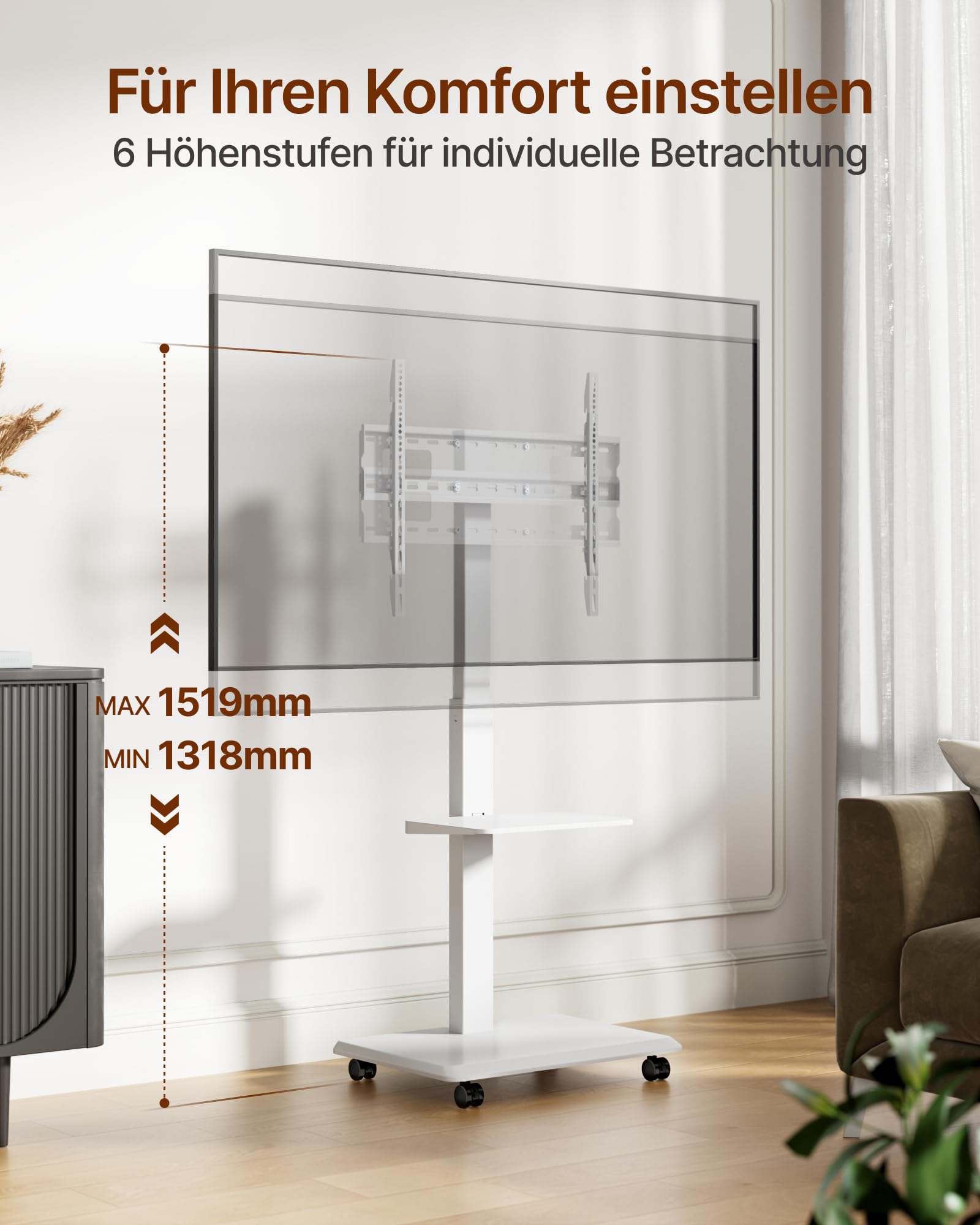 TV Ständer Rollbar für 37-75 Zoll bis zu 50kg, Max VESA 600x400mm | TV Standfüße mit Steckdose, Versteckter Kabelverwaltung, Höhenverstellbar, Schwenkbar, Neigbar, 2-Fache Tragkraft, Weiß