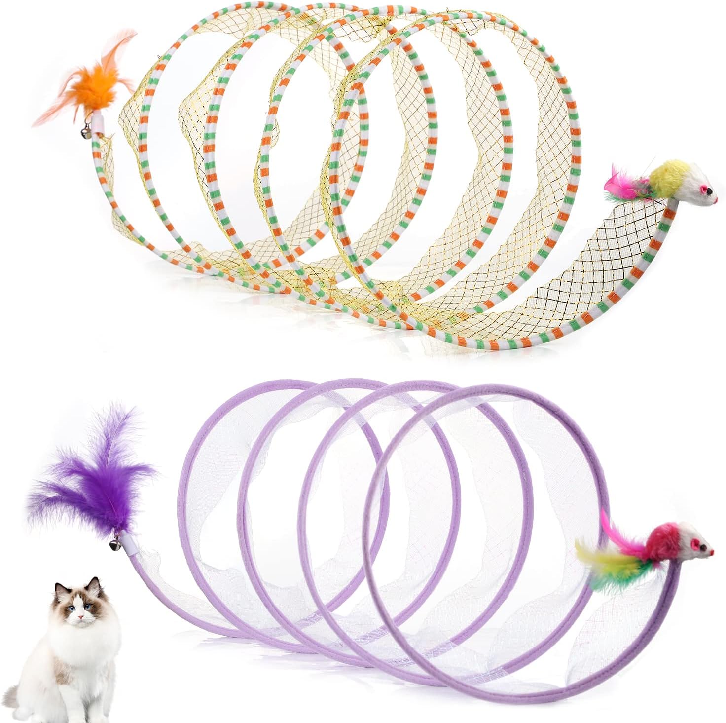 2pcs, Folded Cat Tunnel Spring, 10in Large Size Portable Cat Toy Spiral Tunnel, with Synthetic Feather and Toy Mouse Tunnel Spring Outdoor Puppy Kitten Generic (Striped Yellow, Purple)