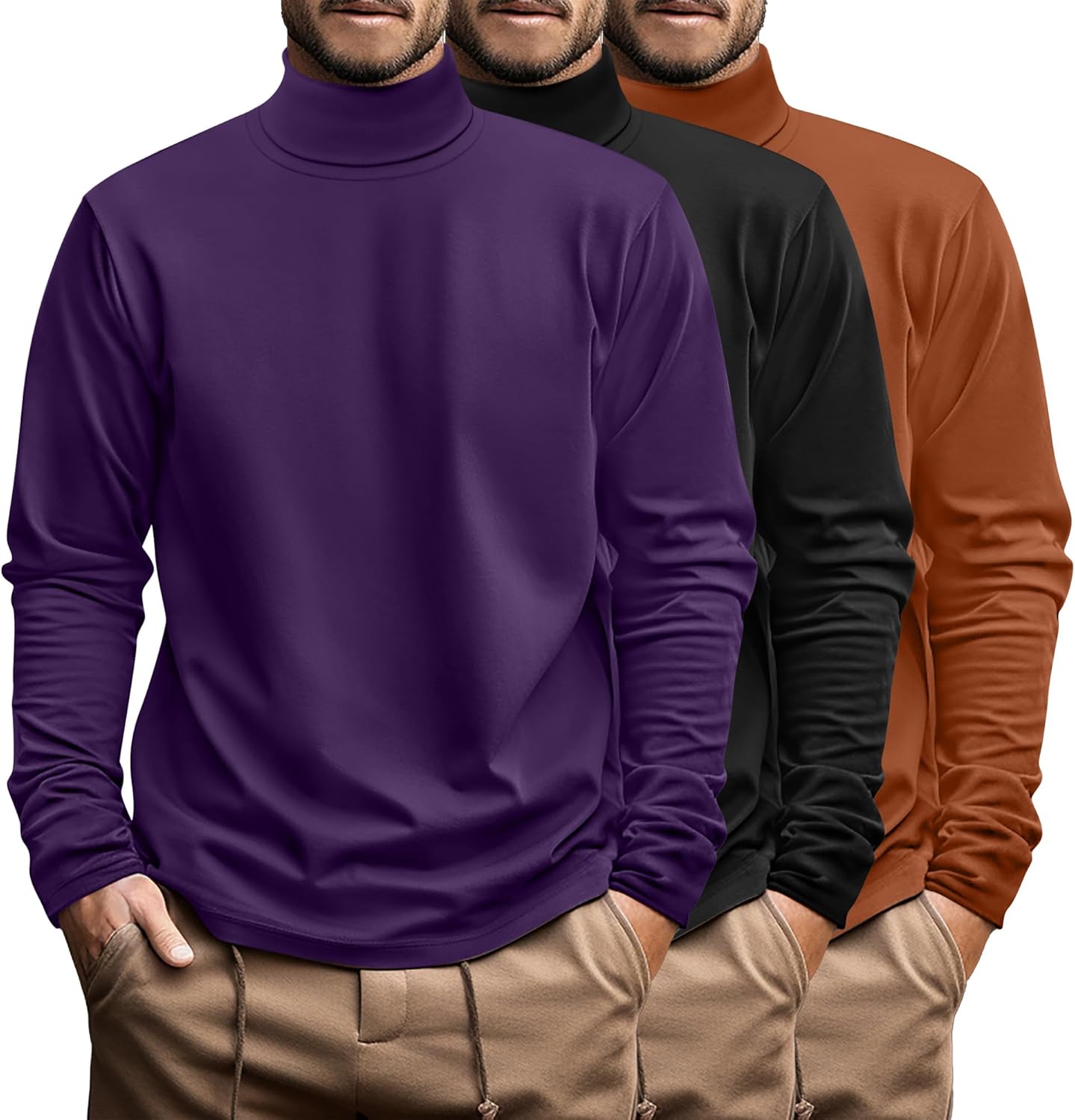 Ficerd 3 Pack Men's Big and Tall Turtleneck Shirts Cotton Long Sleeve Turtle Neck Tops Plus Size Loose Fit Basic Tee