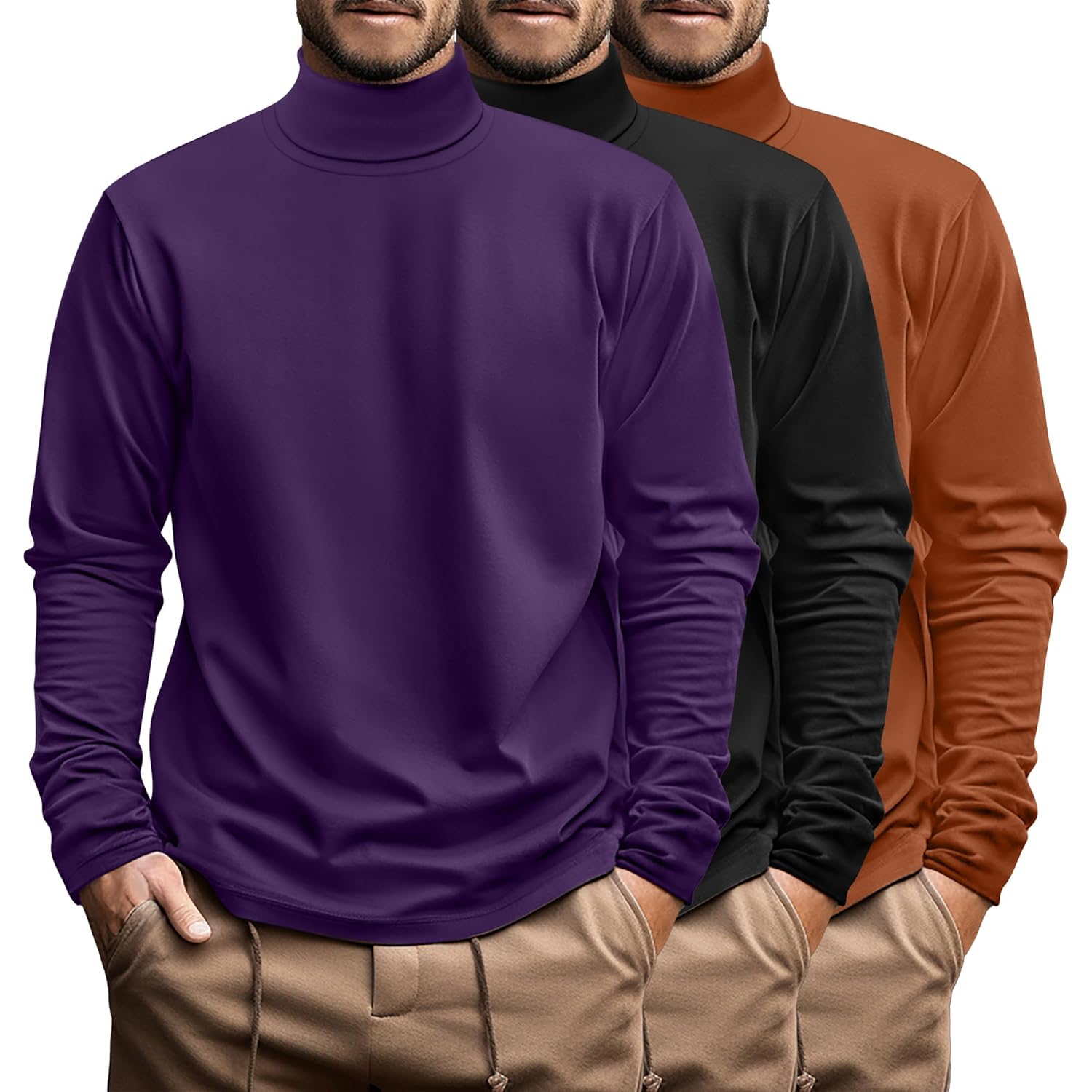 Ficerd 3 Pack Mens Big and Tall Turtleneck Shirts Cotton Long Sleeve Turtle Neck Tops Plus Size Loose