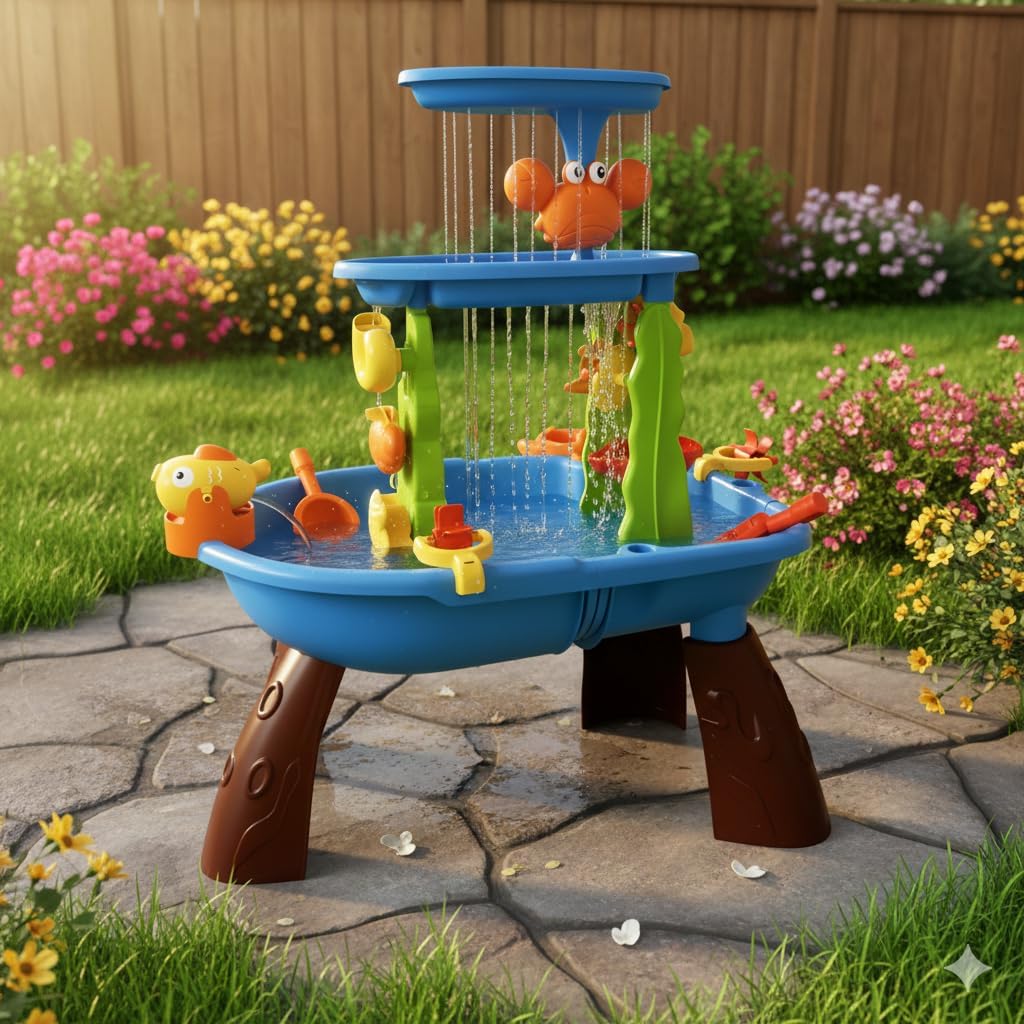 3-in-1 Sand and Water Table for Toddlers - Multi Piece Kids Sensory Play Table with Double-Layer Waterfall, and Beach Toys - Large Outdoor Activity Table for Boys & Girls Ages 3+