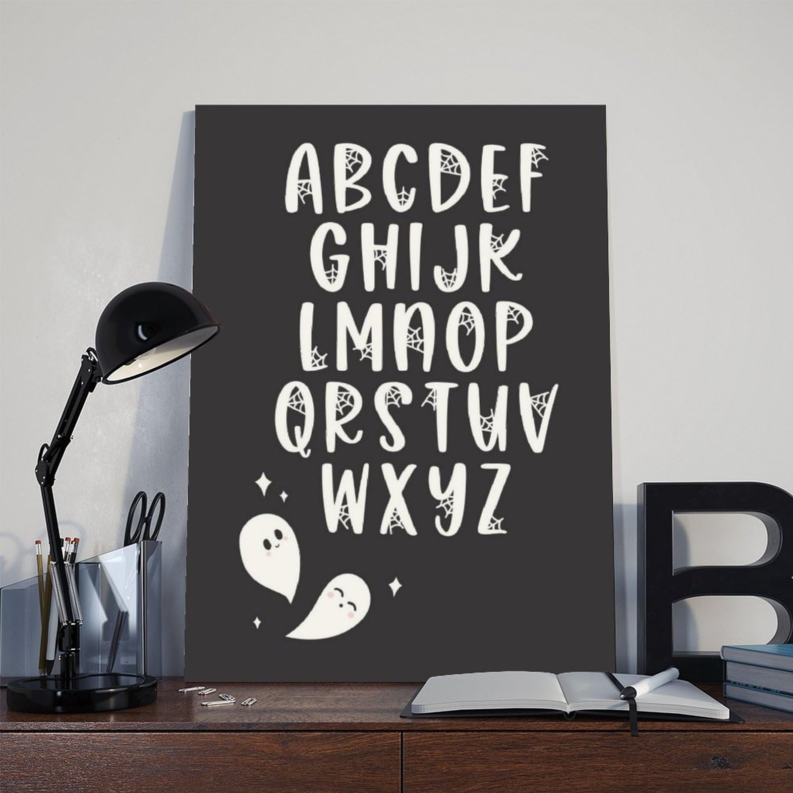 Poster sur toile de l'alphabet blanc sur fond noir pour l'apprentissage et l'éducation - Décoration murale pour salon, chambre à coucher - 61 x 91,4 cm (L x l)