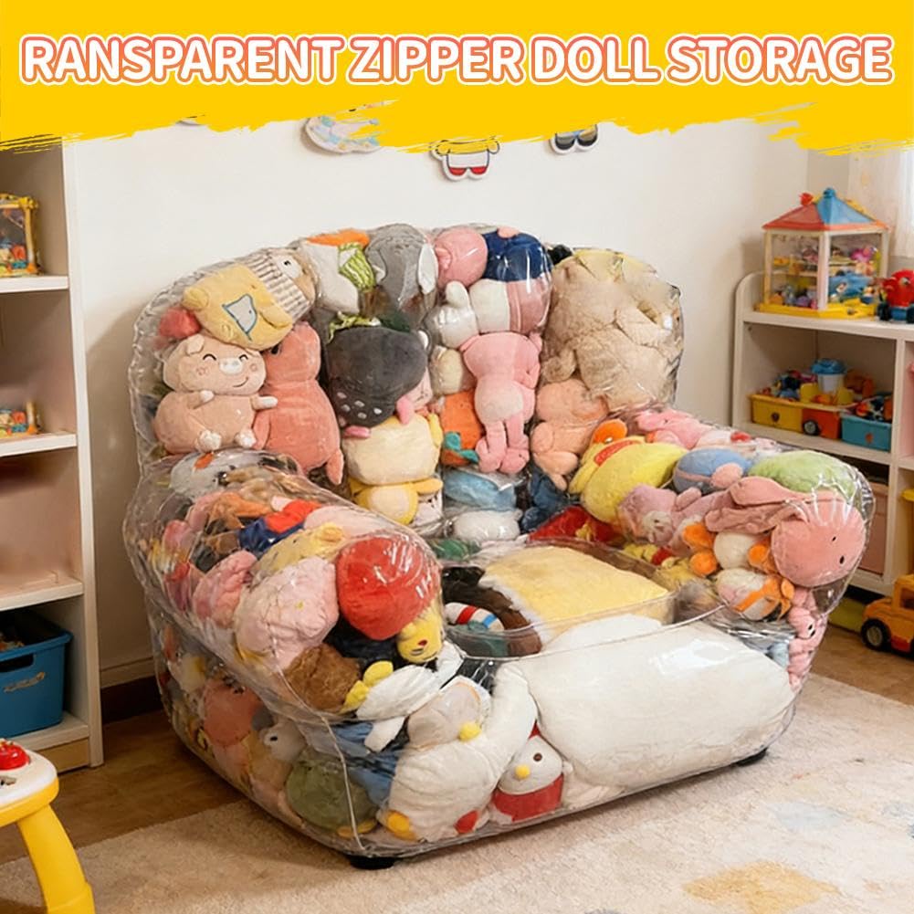 Transparente Stofftier-Aufbewahrungs-Sitzsack-Abdeckung für Kinder, großes Fassungsvermögen, Spielzeug-Organizer und Aufbewahrung mit doppeltem Reißverschluss, kreative PVC-Plüschtieraufbewahrung