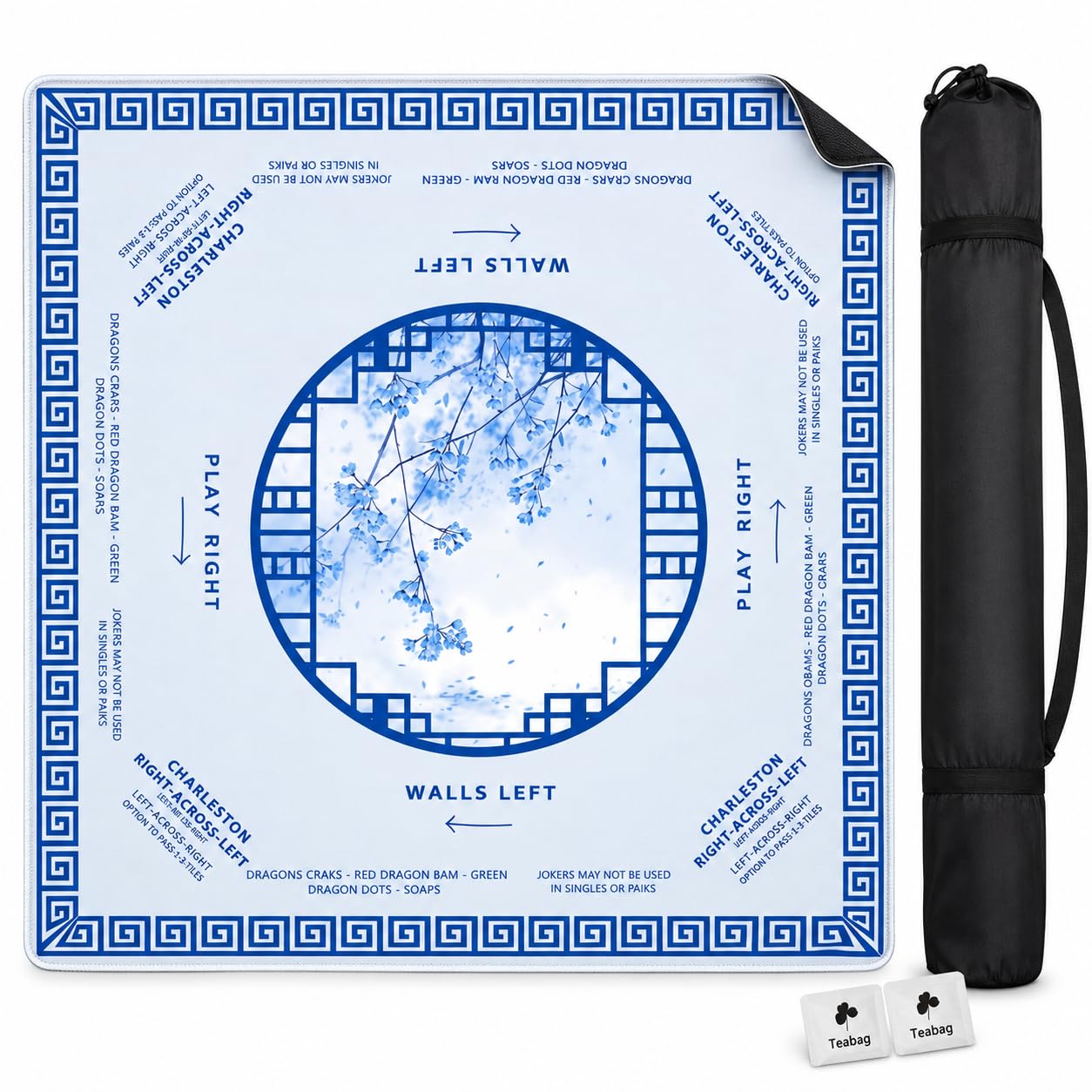American Mahjong Mat for Table with Rules, 31.5 x 31.5 Inch, Blue