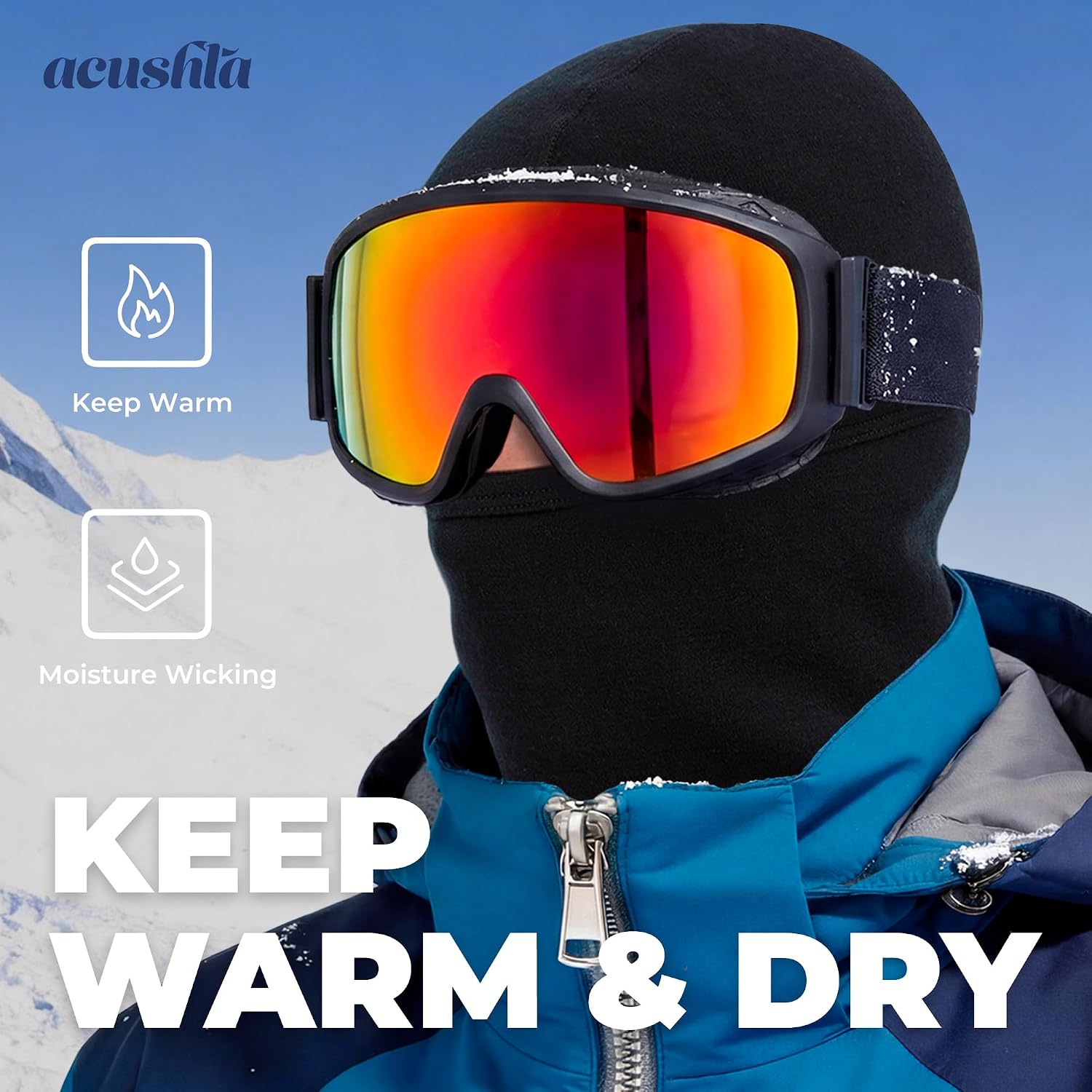 ACUSHLA 100% Merino Wool Balaclava for Men & Women - Winter Ski Mask Thermal Cold Weather Gear Knit Warm Face Mask for Motorcycle Running Snowboarding Fishing, Black