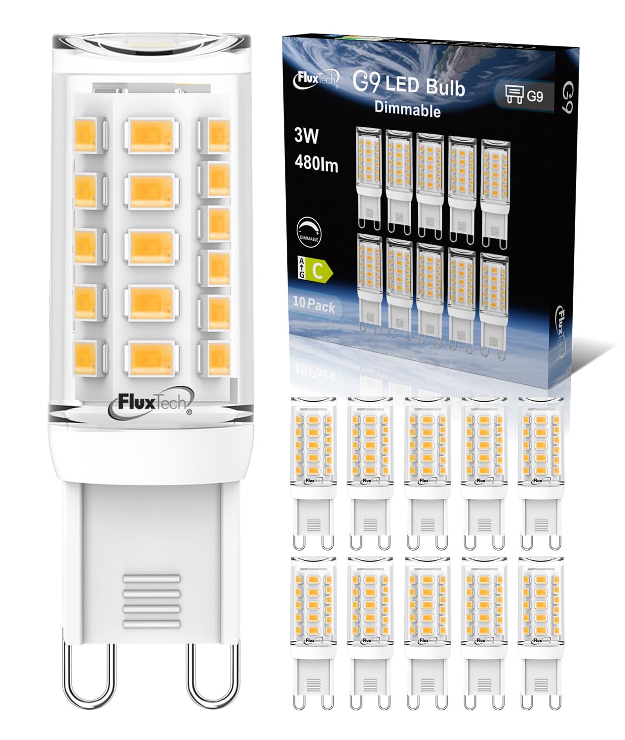 FluxTech G9 LED Light Bulbs Dimmable 3W, Warm White 2700K, Equivalent to 40W 50W Halogen Lamp, 480LM, CRI>85, No Flicker, AC 220-240V Energy Saving Bulb for Home Lighting Chandelier, 10 Pack