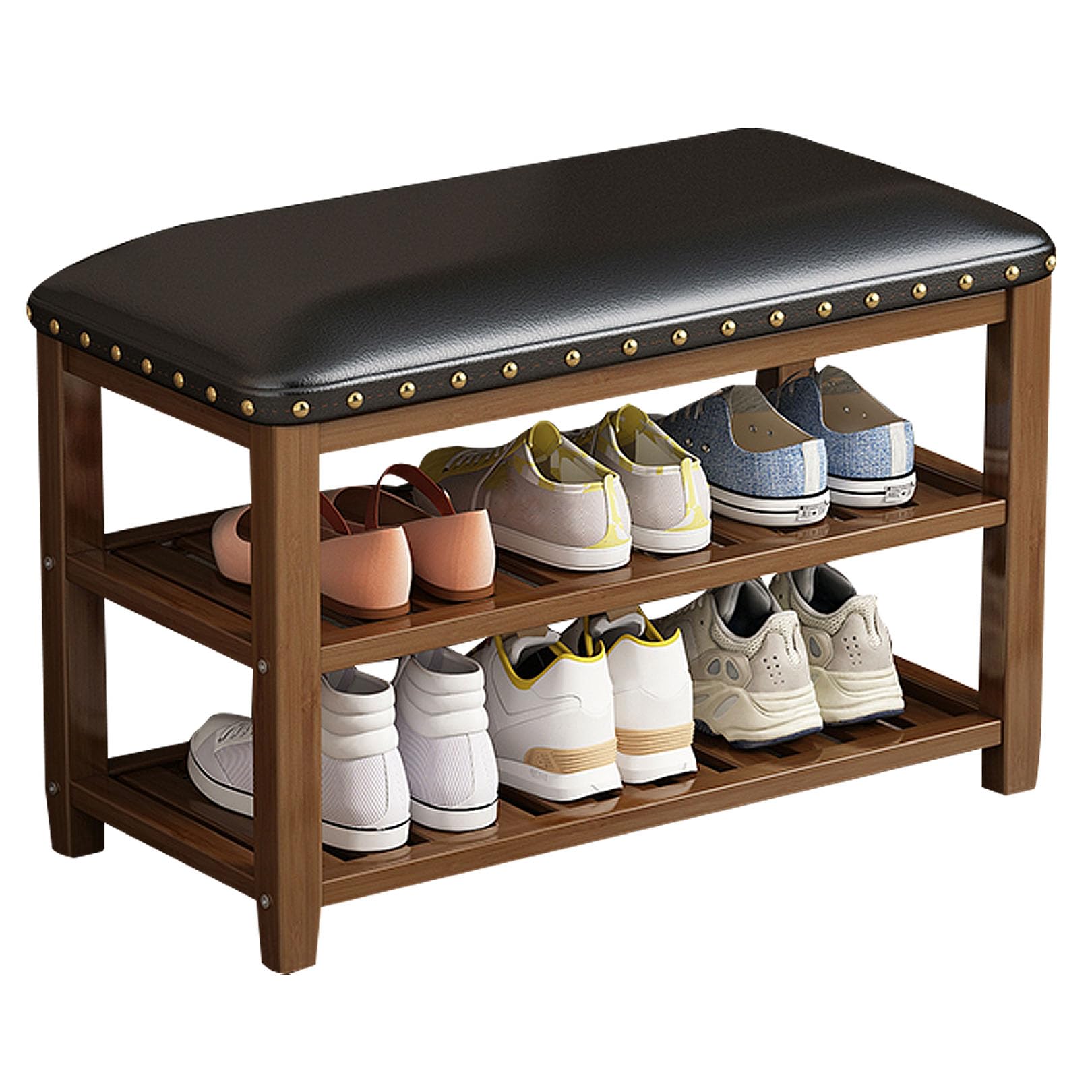 Banc de rangement pour chaussures d'entrée en bois et cuir