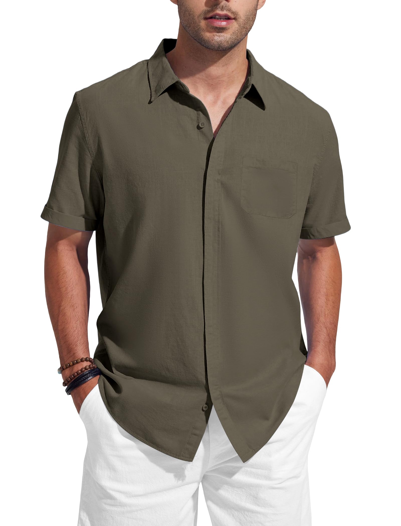 Friptspyg Leinenhemd Herren mit Tasche Baumwolle leinen Hemden Herren Kurzarm Sommerhemd mit Versteckten Knöpfen Casual Alltag Strand