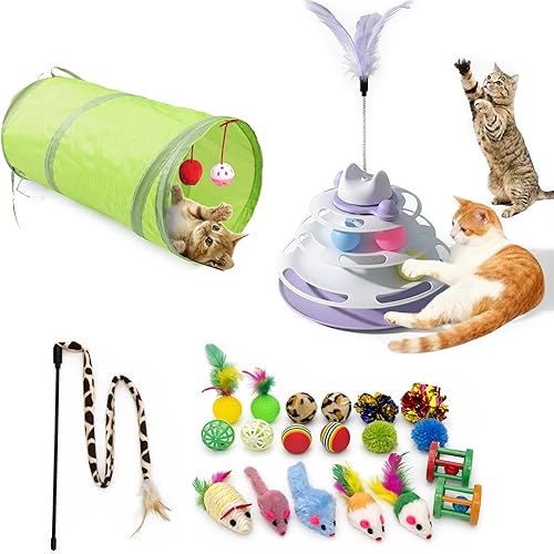 Miniatura 10 de Pista de bolas para gatos, juguete de pelota para gatos de 3 niveles con 3 bolas y plumas desmontables, juguete interactivo para gatos para gatito