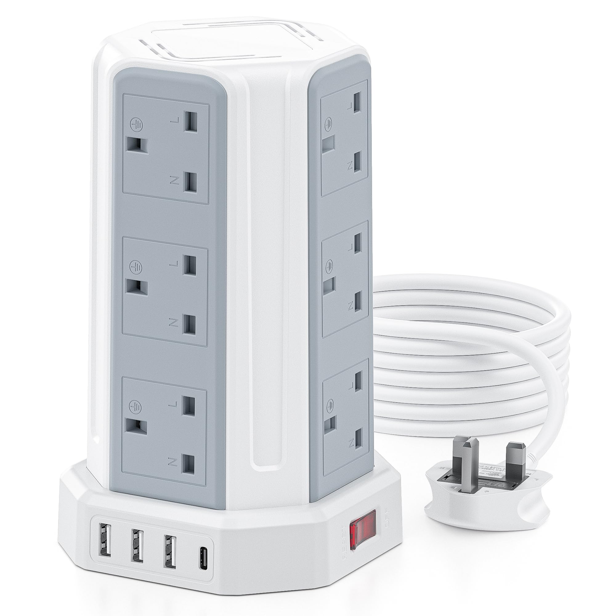Tower Extension Lead, Aodeng 12 Way Extension Tower Multi Plug Extension Sockets with 4 USB Slots, [13A 3250W] Surge Protector Long Extension cable for Home, Office, Kitchen — view 8