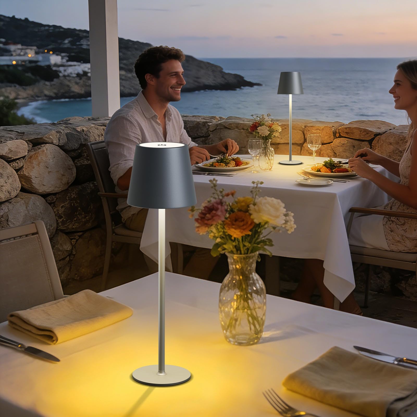MALUX LED Tischlampe Kabellos 2 Stück Touch Dimmbare 2700K-4000K Metall IP44 Wasserdicht, USB-C Aufladung, 8-15h Akkulaufzeit Tischleuchte für Garten Esstisch Schlafzimmer Balkon Hotel (Grau)