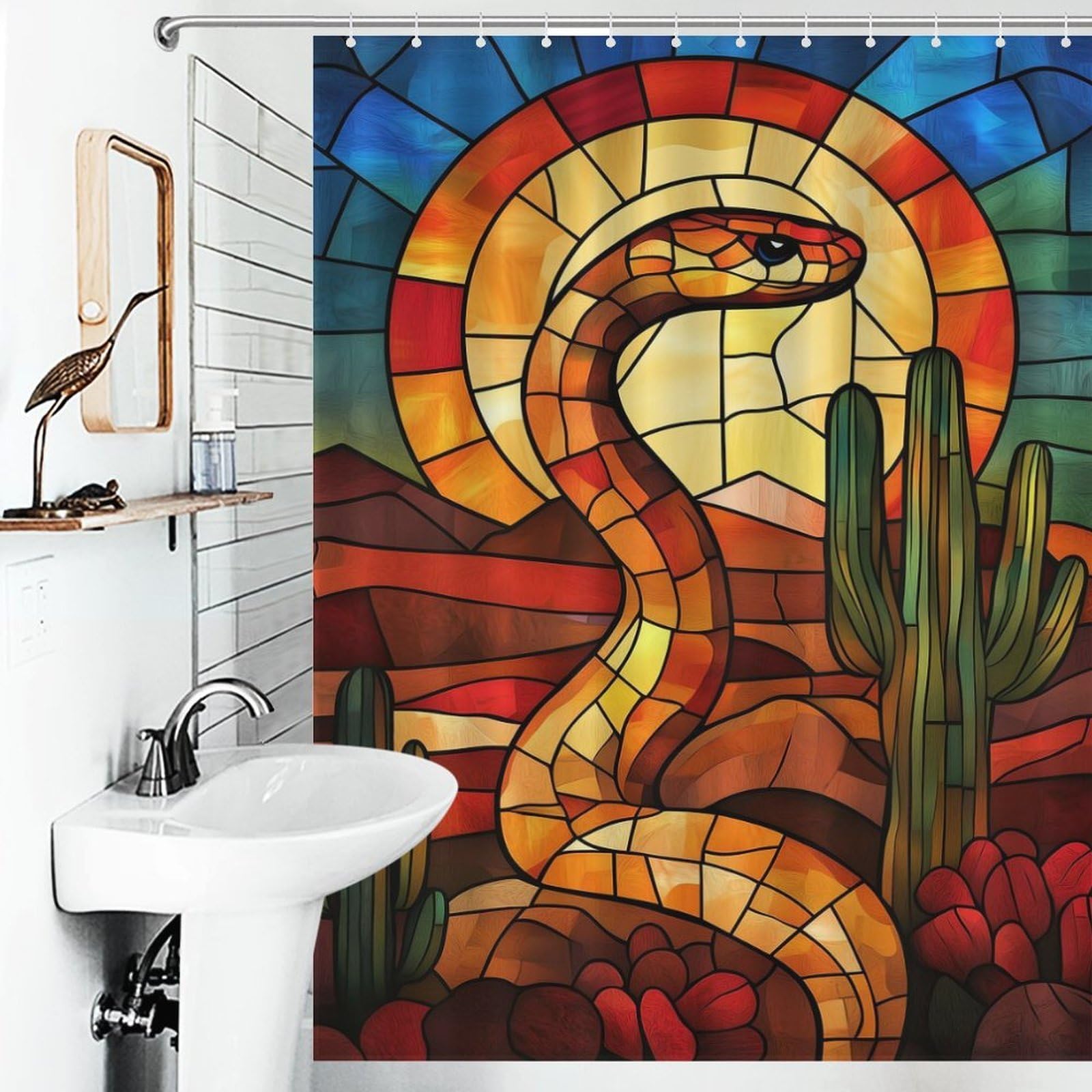Rideau de douche effet vitrail Desert Snake élégant avec 12 crochets haut de gamme