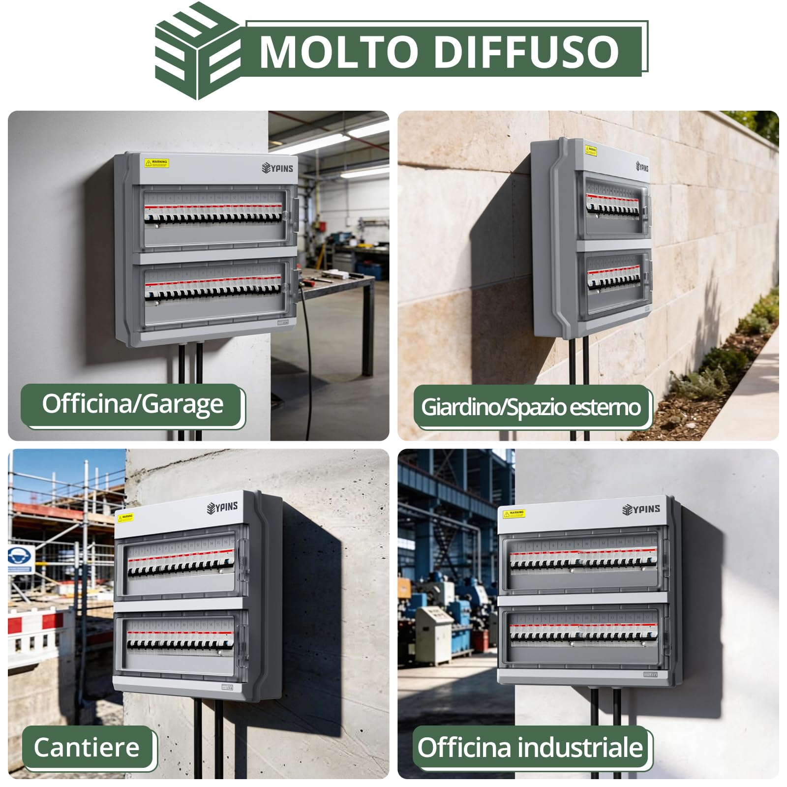 EYPINS Quadro Elettrico Esterno 2 File 36 Moduli,Scatola di Derivazione a Apertura Orizzontale,IP66 Impermeabile,con Coperchio Chiusura Moduli/Pressacavi per Esterno Garage Industriali,370x110x370 mm