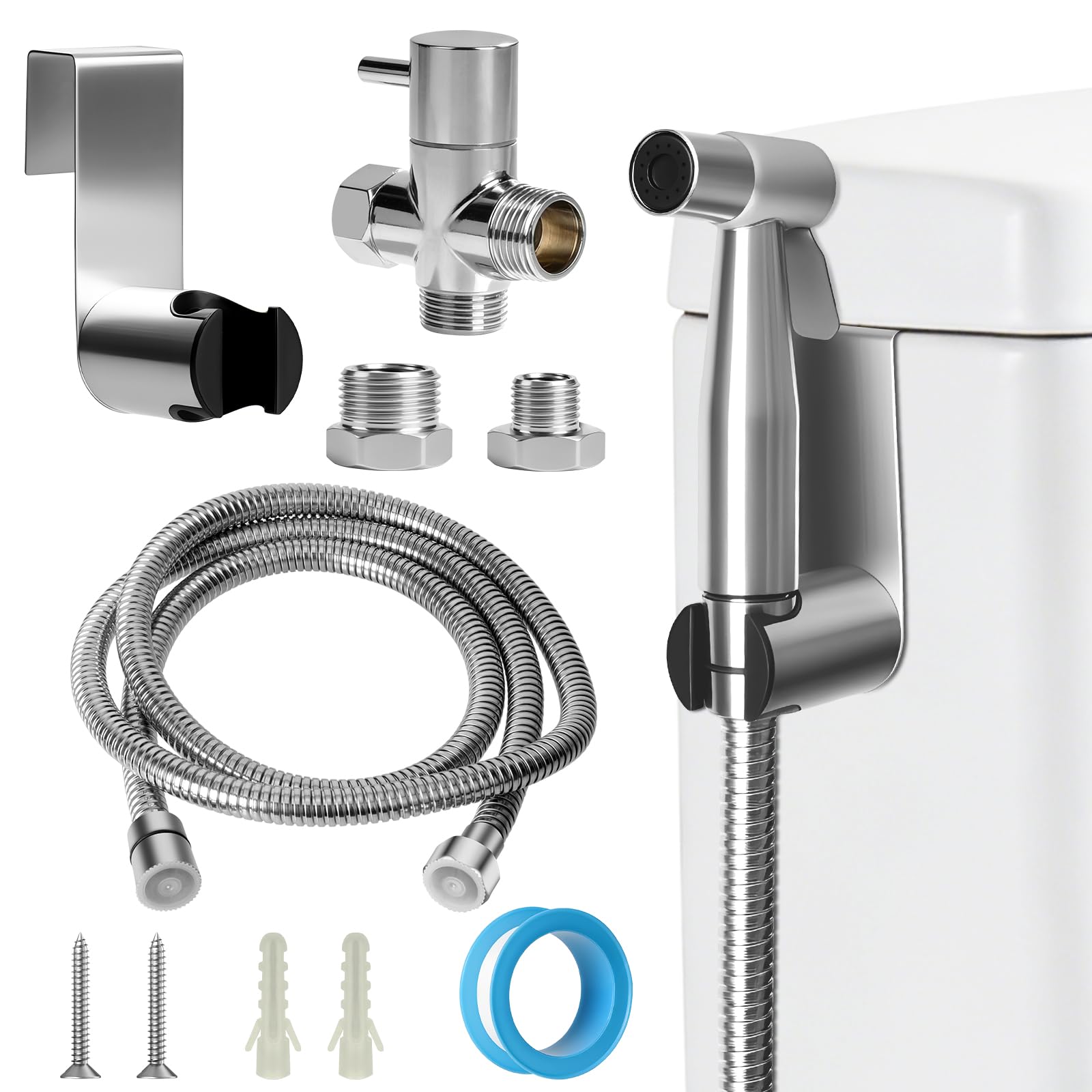 Kit de Douchette de Bidet en Acier Inoxydable, Kit Douchette WC avec Vanne 3 Voies (1/2"-3/8"), Pulvérisateur de Bidet à Main pour Hygiène Personnelle Animauxet Nettoyage Des Couches