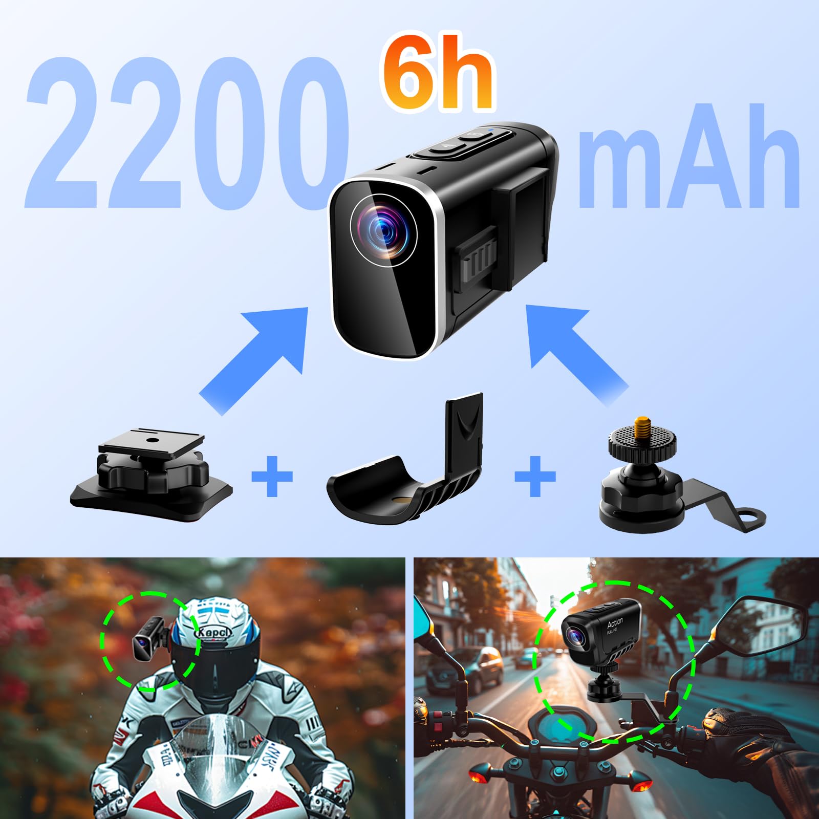 Action Cam 4K WiFi, Stabilizzazione a Doppia Lente Telecamera Moto, Registrazione di 6 Ore Telecamera Casco Moto con Scheda MicroSD da 64 GB