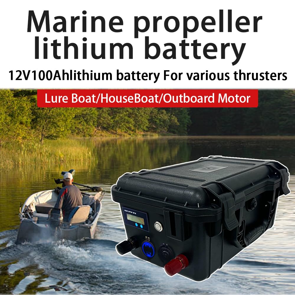 LiFePO4 12V 100Ah, Marine Batterie Lithium avec Bluetooth et Chargeur BMS 100A Intégré 6000+ Cycles Pour Bateau, Camping Car, Pêche à la Ligne, Moteur de Traîne