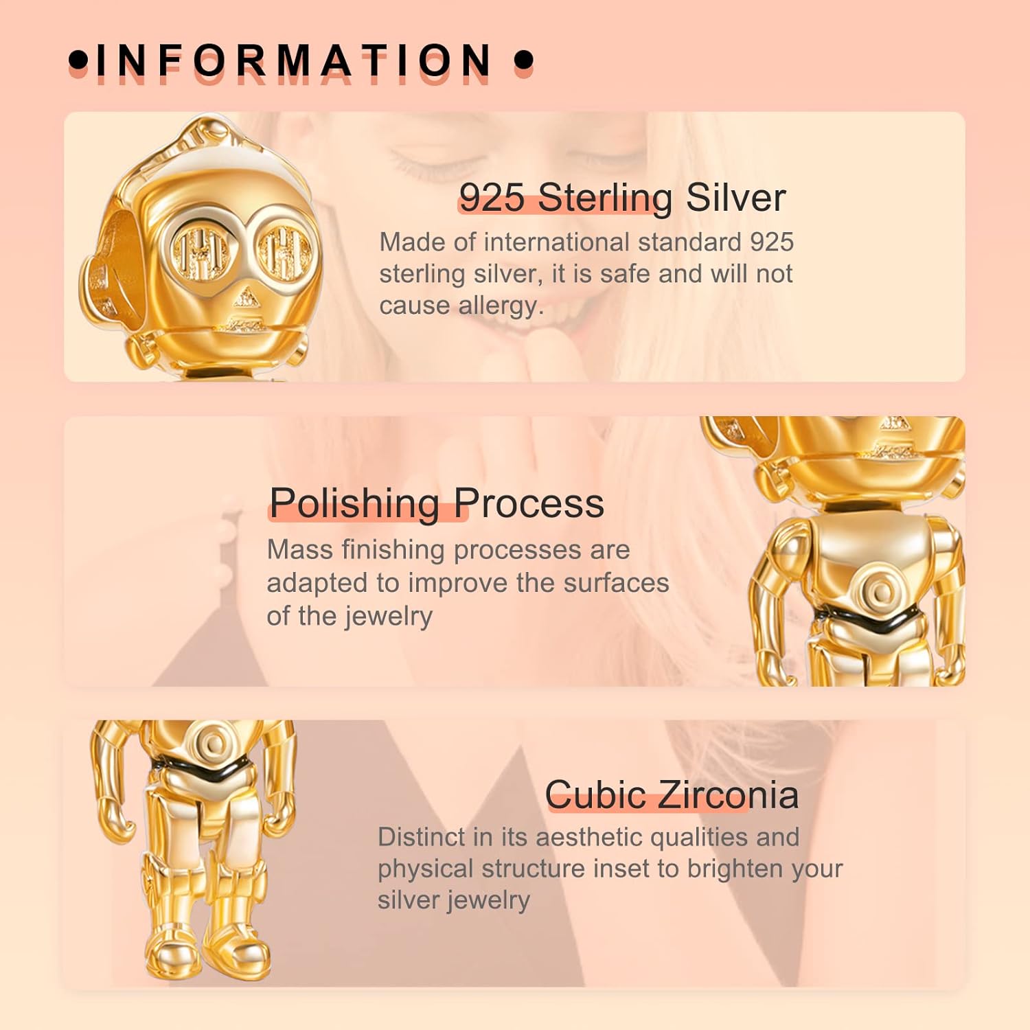 925 Sterling Silver Charms Golden robot, monster Beads For Women Bracelets Necklace 3 Piece/Package (Charm Set- F) - Image 3