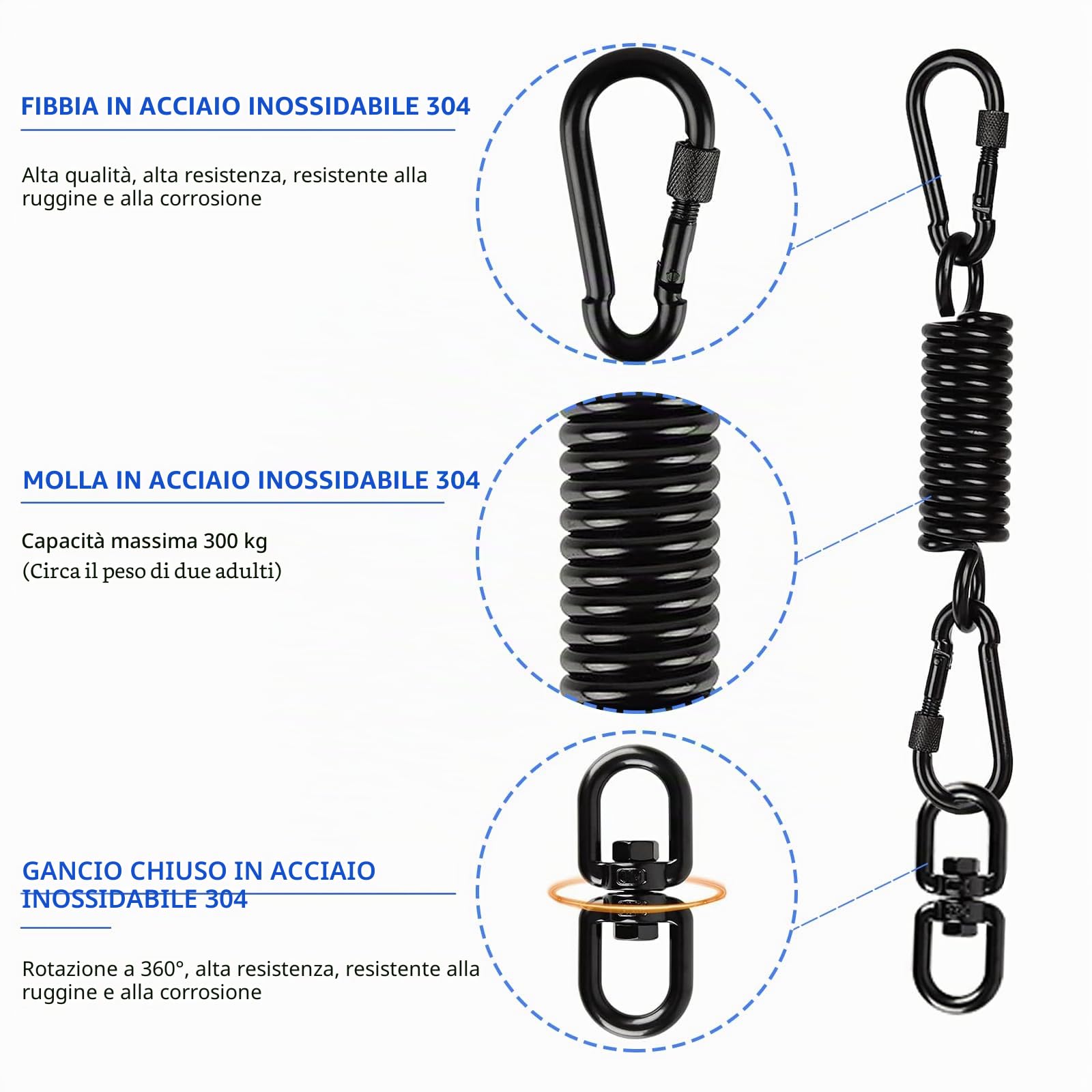 Molla oscillante per poltrona sospesa, con 2 moschettoni e gancio girevole a 360°, moschettone, portata fino a 250 kg, molla di sospensione per sacco da boxe, hammock, yoga