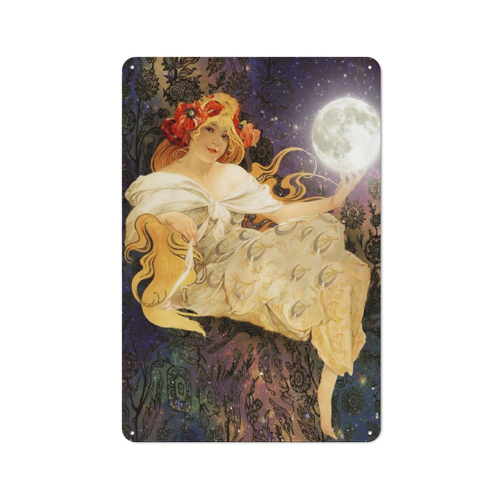 Junmoney Goddess And Moon Warehouse Style Metal Wall Decor 30X20cm, Industrial Metal Sign For Workspace, Cafe, Hallway Or Garage