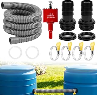 Regentonnen Verbindungsset, Fallrohr Regensammler mit 100cm Schlauch, 2 Schlauchstutzen, 2 Muttern, 2 Silikondichtungsringe, 4 Rohrschellen, 1 Lochöffner für Regenwasse Tonnen Wassertanks