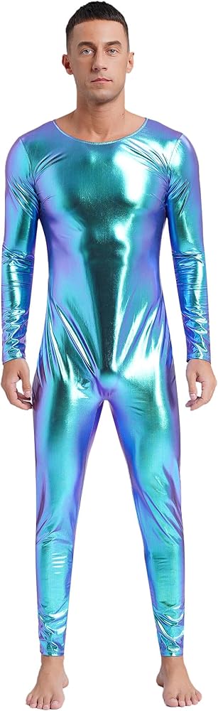 Amazon.com: FEESHOW Men's Shiny Metallic One-piece Bodysuit Round