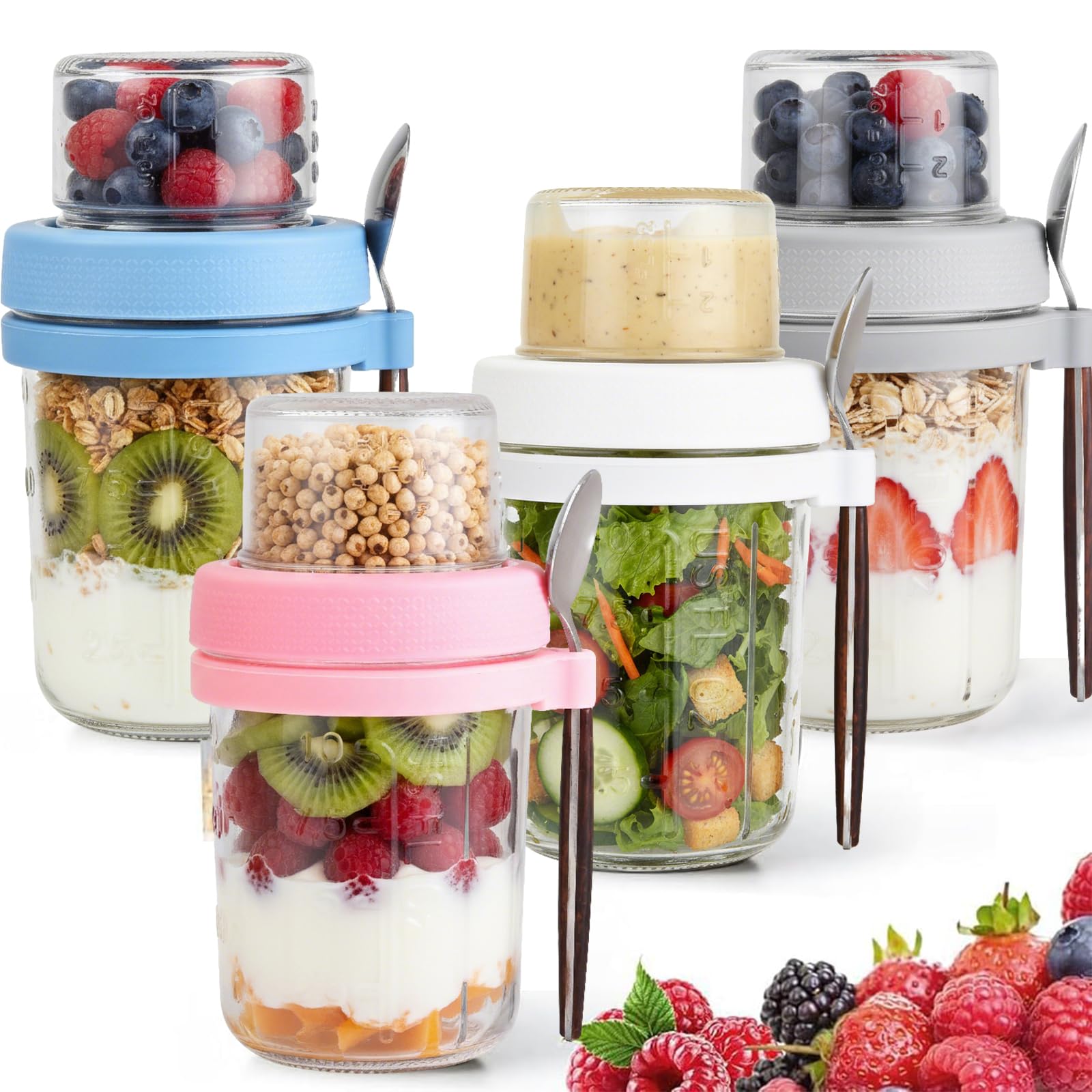 VITEVER Lot de 4 bocaux Overnight Oats, 16 oz Bocaux à yaourt-parfait à double paroi avec couvercle, Récipients en verre pour la préparation de repas, collations, overnight oats, yaourt, parfait