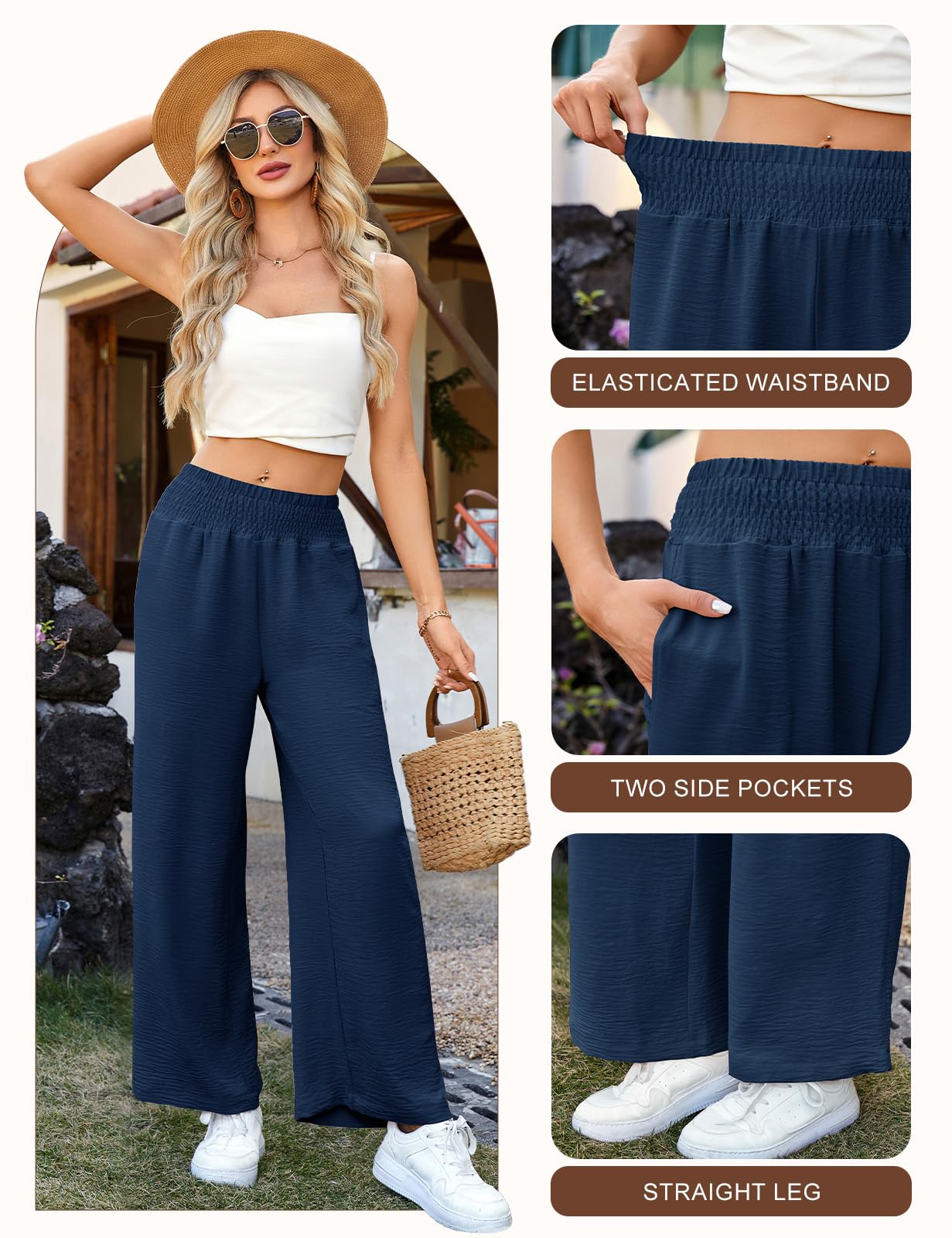 CMTOP Pantalones Mujer Verano Casuales Ligero Pantalones Anchos Fluido Pantalon Elástico Cintura Suelta Pantalone Comodo Playa Pantalón con Bolsillos