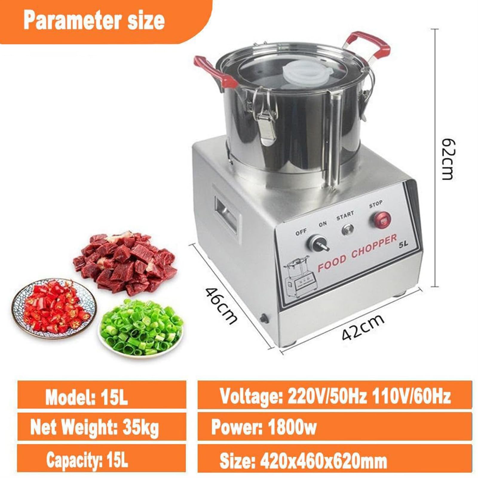 Procesador Alimentos Comercial 7L/10L/15L, máquina eléctrica picadora Verduras 1400W y 1400RPM, picadora Carne y procesador Verduras Acero Inoxidable para Frutas, Verduras y Carnes. 15L