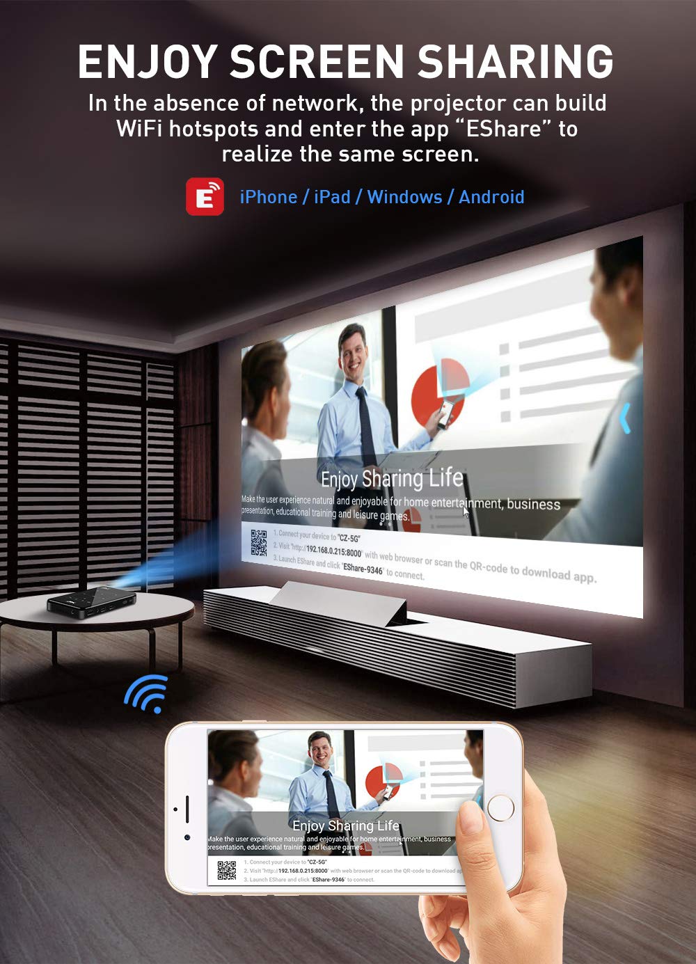 Image showing a smartphone mirroring its screen content to the projector, demonstrating wireless screen sharing.