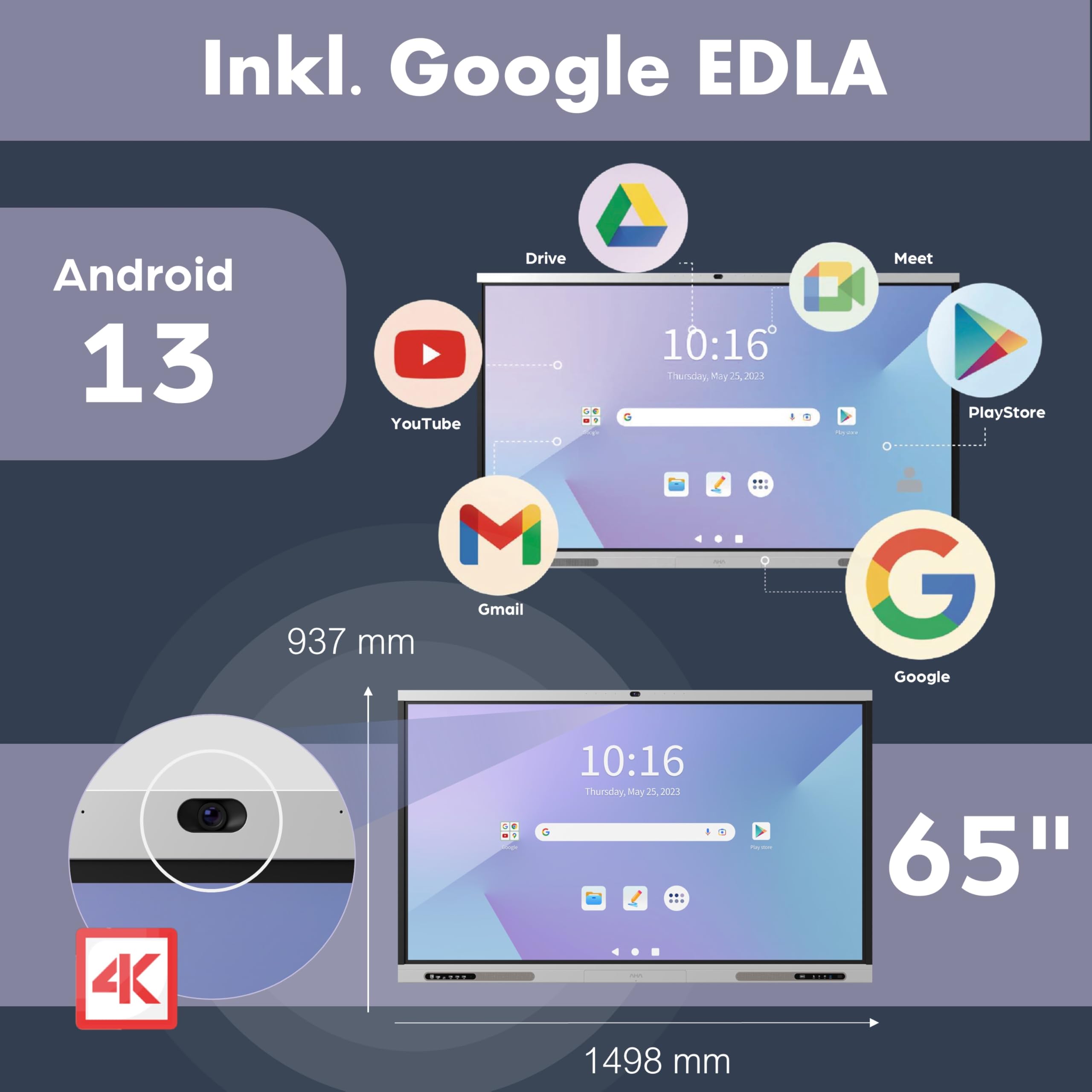 Interaktives Whiteboard 65 Zoll mit Video-Kamera, Google-EDLA & Office (4K UHD) 2.4G WiFi - Digitales Smart-Board & Tafel für Schule & Unternehmen - Flipchart Monitor Touch-Screen