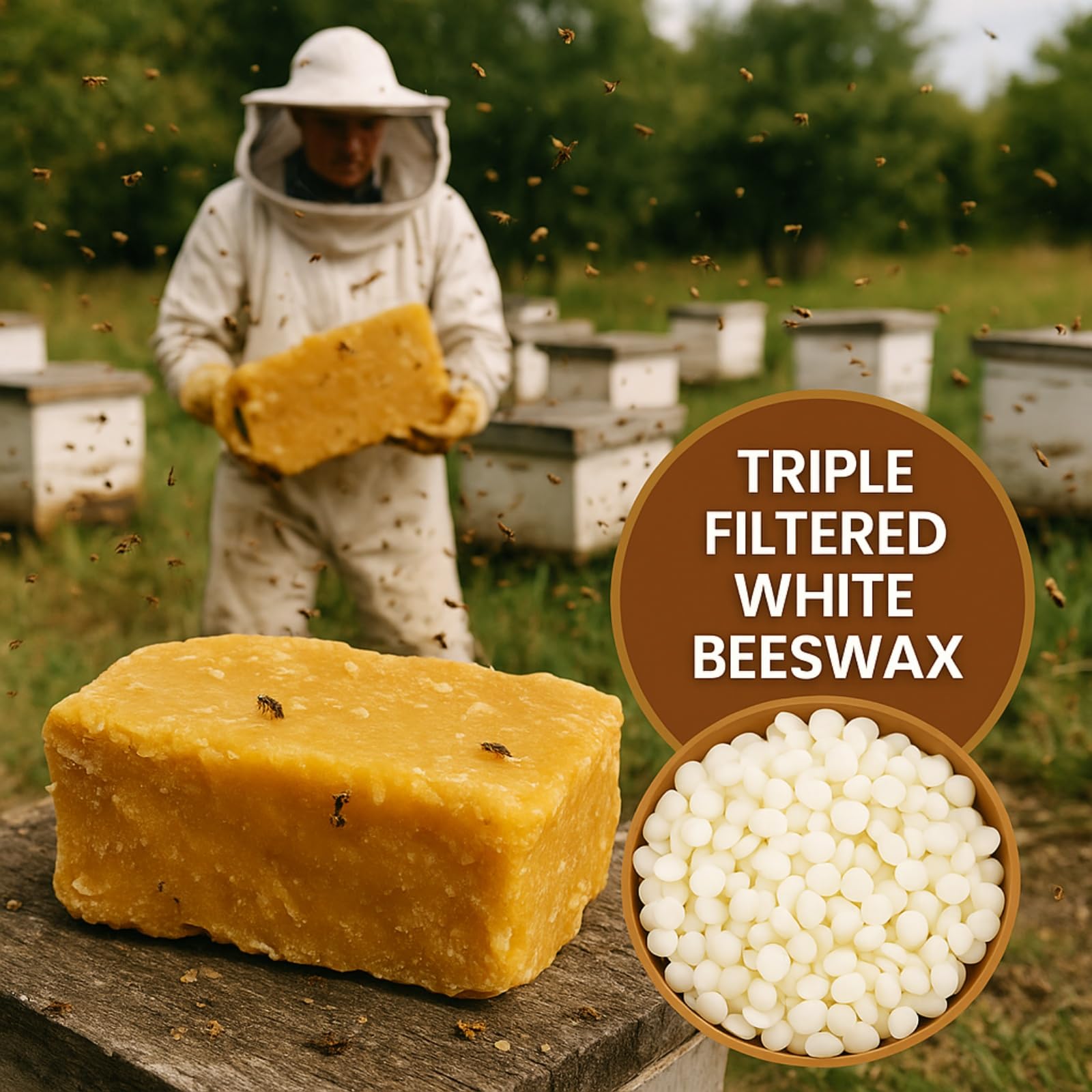 Pellets de cera de abeja blanca orgánica de 10 libras, cera de abeja para hacer velas, cera de vela de triple filtro para cremas de bricolaje, bálsamos labiales, lociones y suministros para hacer