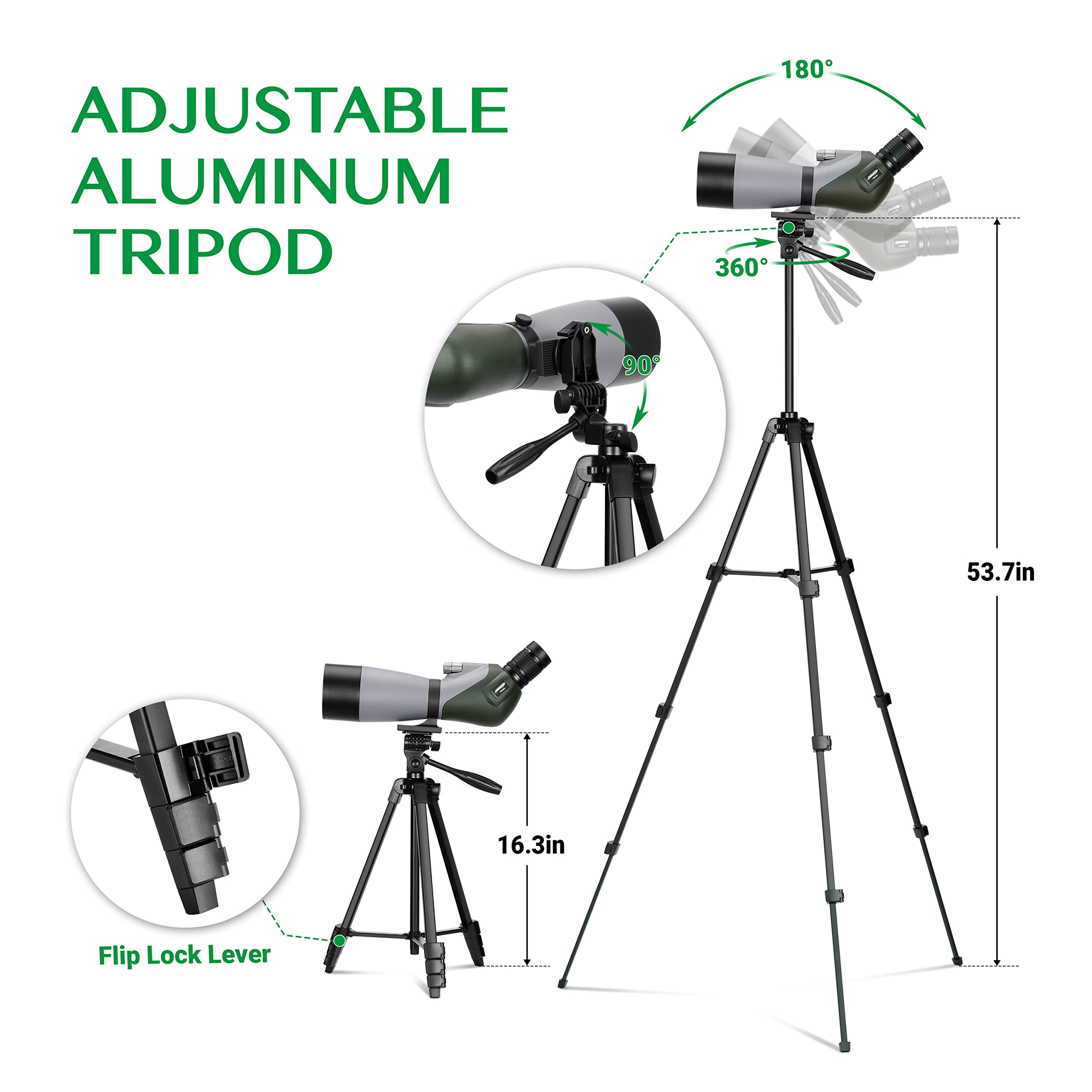Aomekie Telescopio Terrestre 20–60x70 Impermeable con Trípode Ajustable con Adaptador para Teléfono Móvil