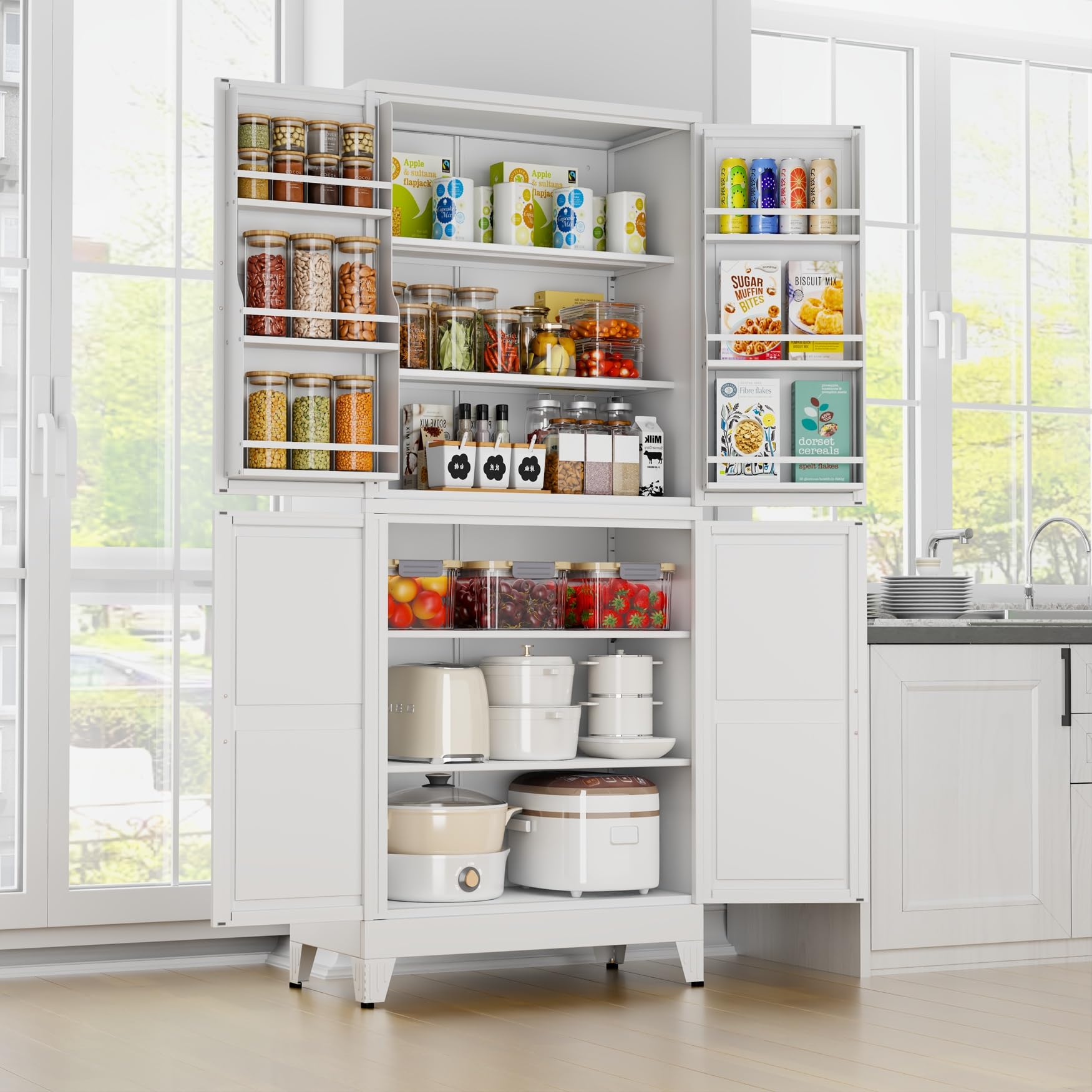 White Kitchen Pantry Storage Cabinet, 75" Metal Storage Cabinet