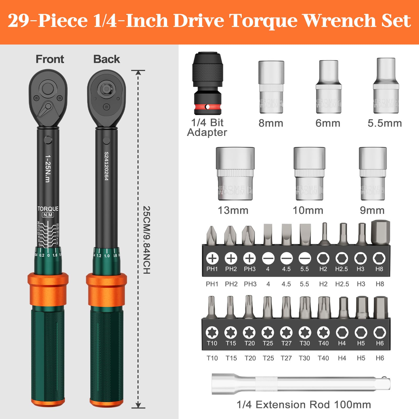 Klucze dynamometryczne do roweru 1/4", 1-25 Nm, 72 zęby, 29-częściowy zestaw małych kluczy dynamometrycznych z drążkiem przedłużającym, nasadkami, bitami, do naprawy motocykli, rowerów