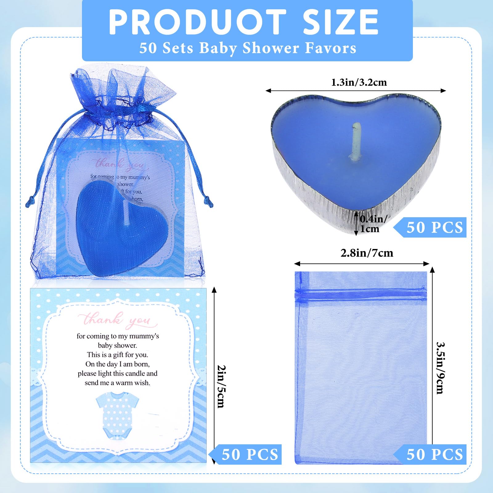 Threlaco 50 Sets Baby Shower Favors Include 50 Pcs Valentine Heart Shaped Tealight for Guests Baby Shower Candles Tealight with Thank Cards and 100 Pcs Gift Bags for Gender Reveal(Blue)