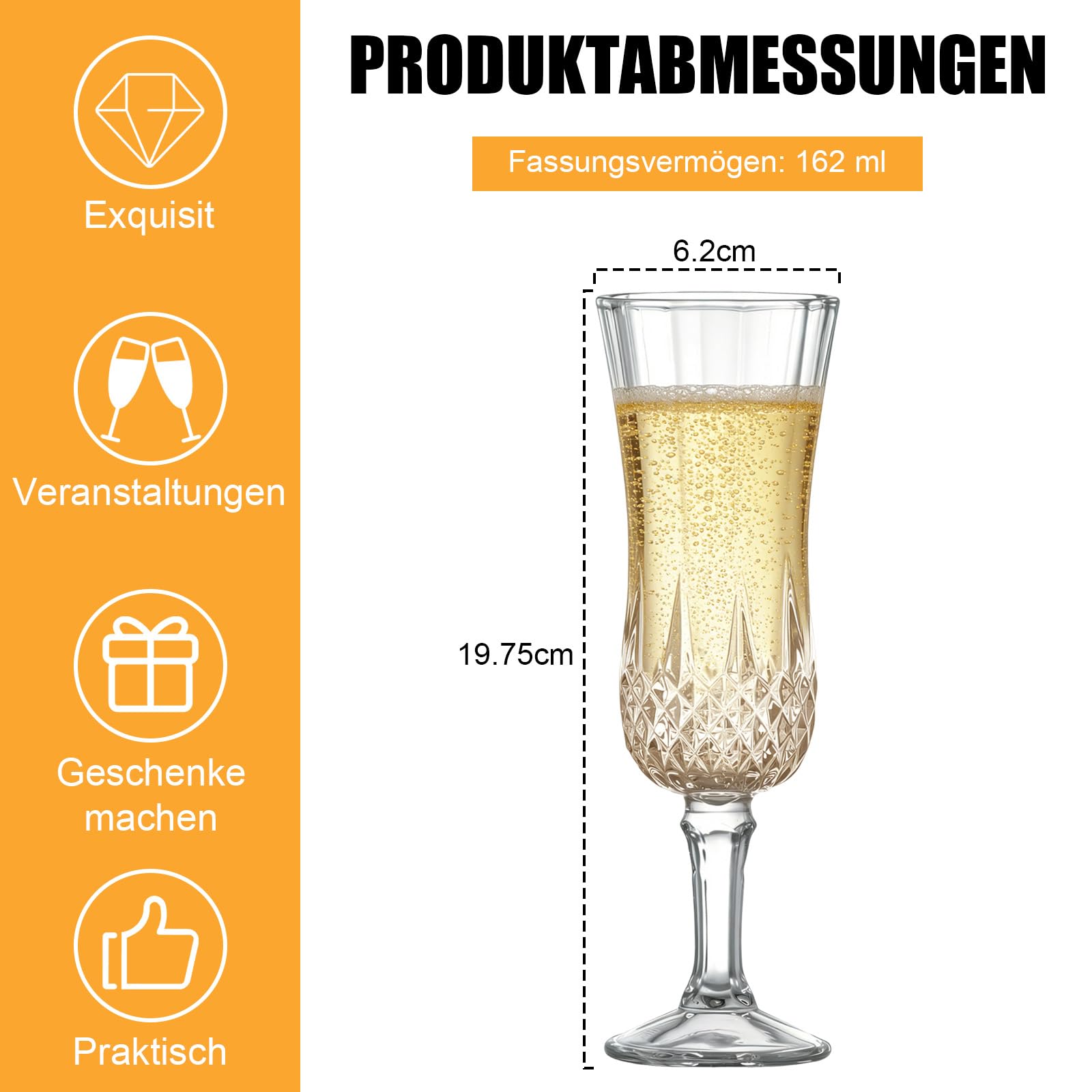 MYKAGS Gläser Set 6 162 ml Champagnerflöten, Vintage Stil, Wiederverwendbare Transparente Weingläser, Elegantes Design, Perfekt für Feierlichkeiten