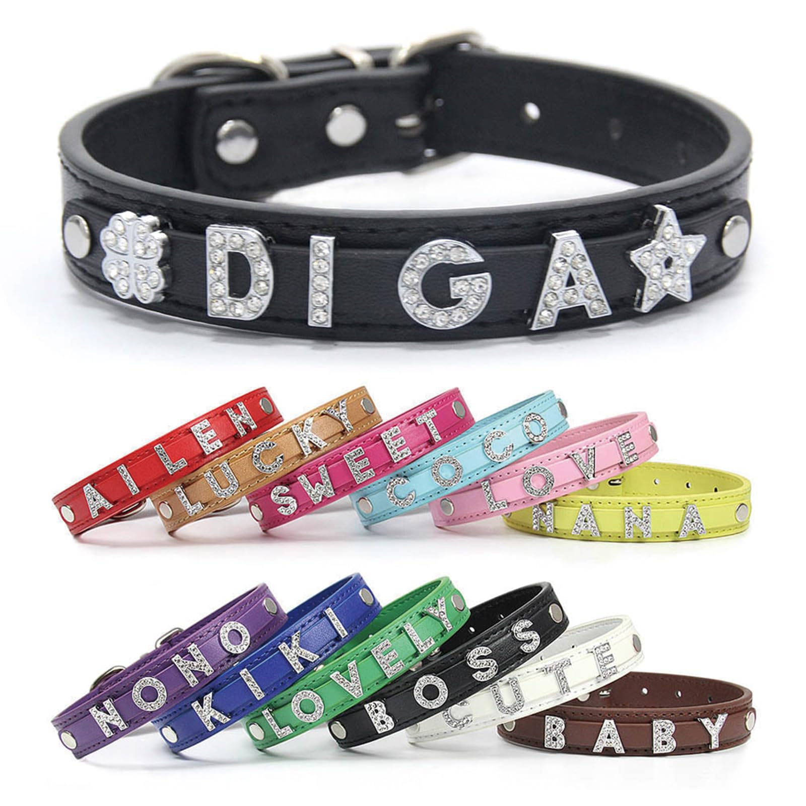 Personalized Dog Collar with Name & Rhinestones PU Leather Adjustable Pet CollarSparkling Bling Crystal Collar & Leash Set,Custom Name Plate for Small,Medium,Large Dogs (black)