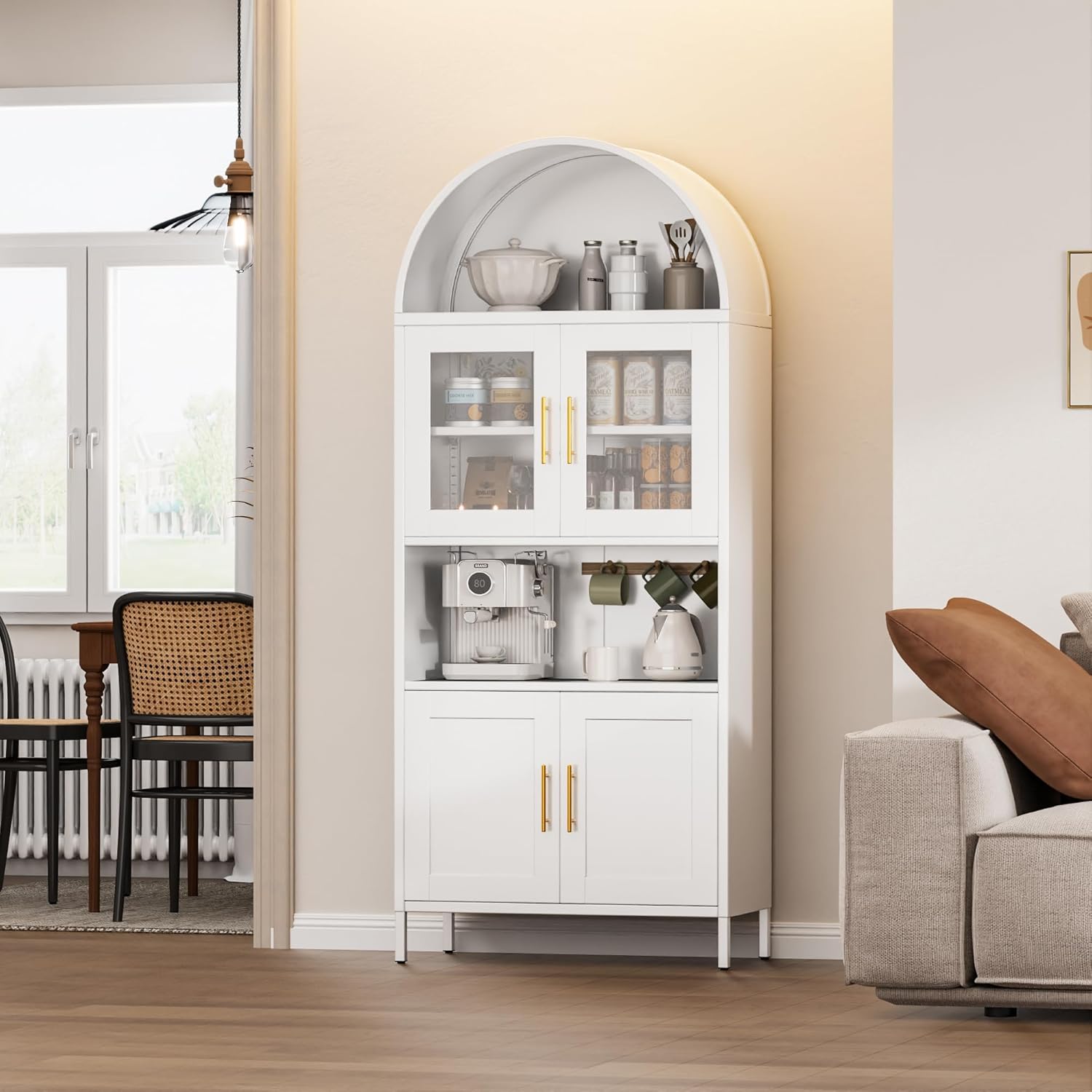 Metal Arched Pantry Cabinet with Glass Doors, Tall Arched Kitchen Pantry Cabinet for Kitchen Home Living Room,White,Required Assembly