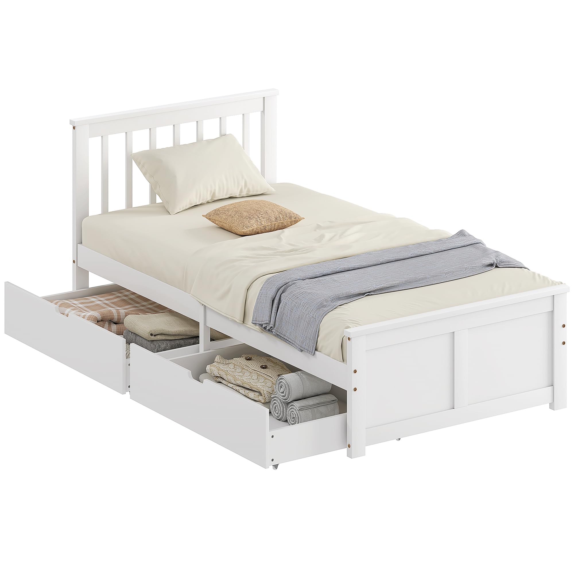 HOMCOM Bett 90 x 200 cm Bettrahmen mit Lattenrost, Schublade, Weiß