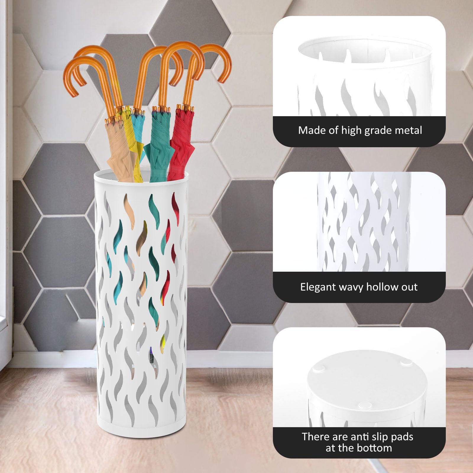 Kandishiex Umbrella Stand Metal Umbrella Holder Hollowed Umbrella Rack Freestanding Umbrella Stand Rack Practical Umbrella Organizer Indoor Umbrella Storage Rack for Home Entryway(white-1-circular)