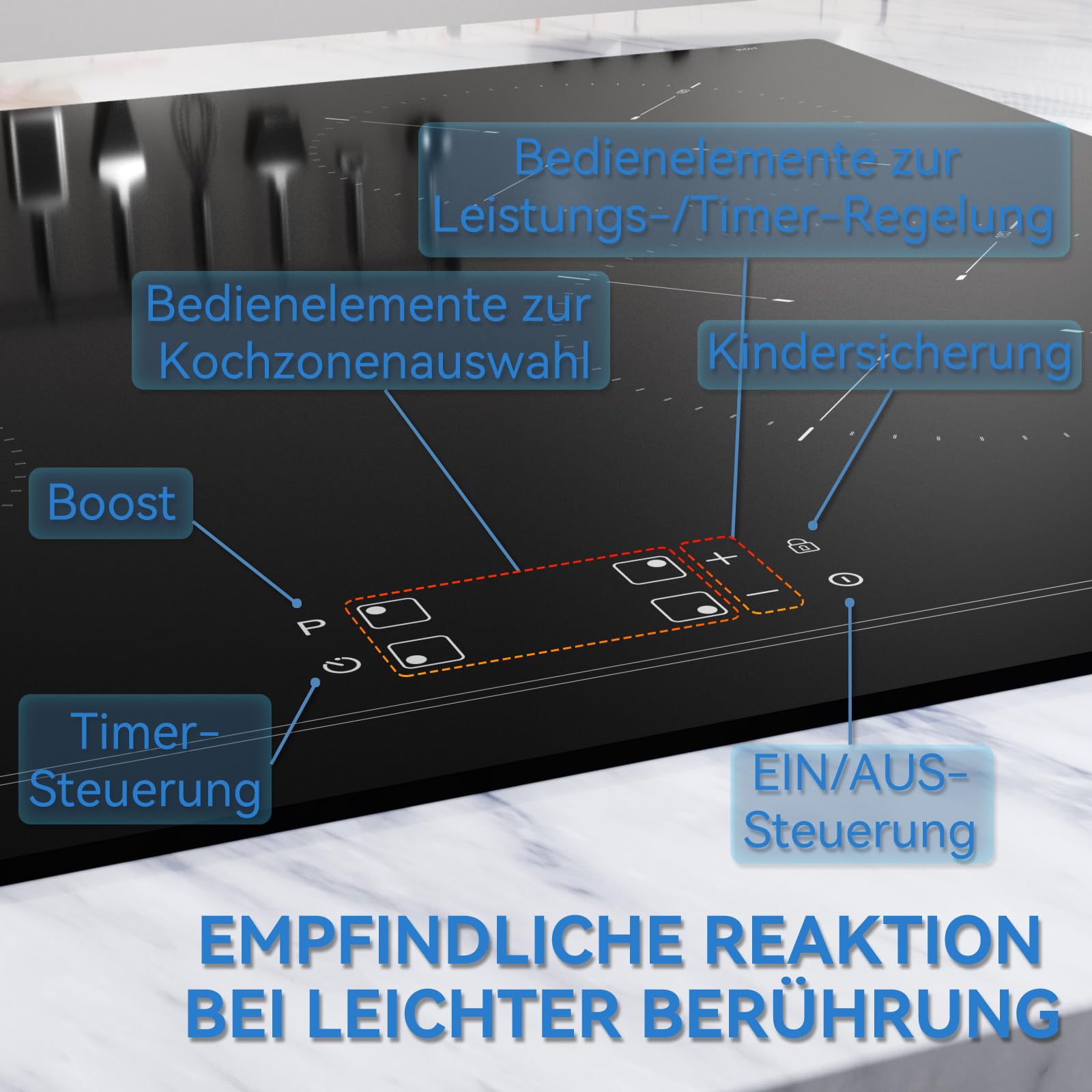 Hermitlux Induktionskochfeld 60cm 4 Zonen mit Booster 7200W Touch-Bedienung Kindersicherung Timer