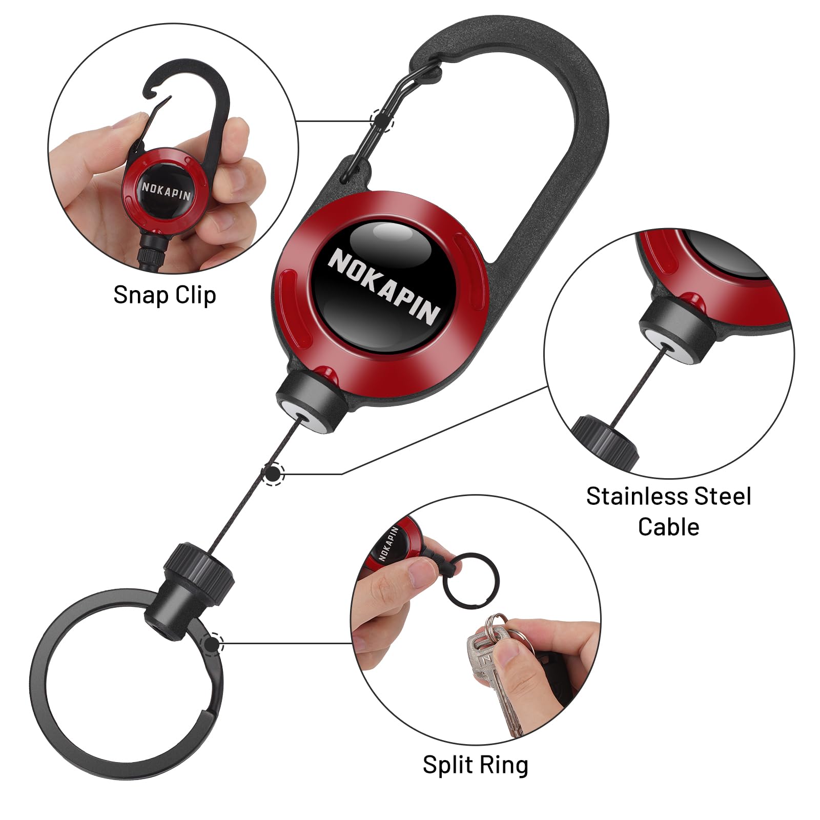 NOKAPIN Retractable Badge Reel With Keyring, Belt Clip, Zinc Alloy Carabiner, 26.5" Steel Cord, 10 oz - ID Badge Holder Pull Reel - Image 4