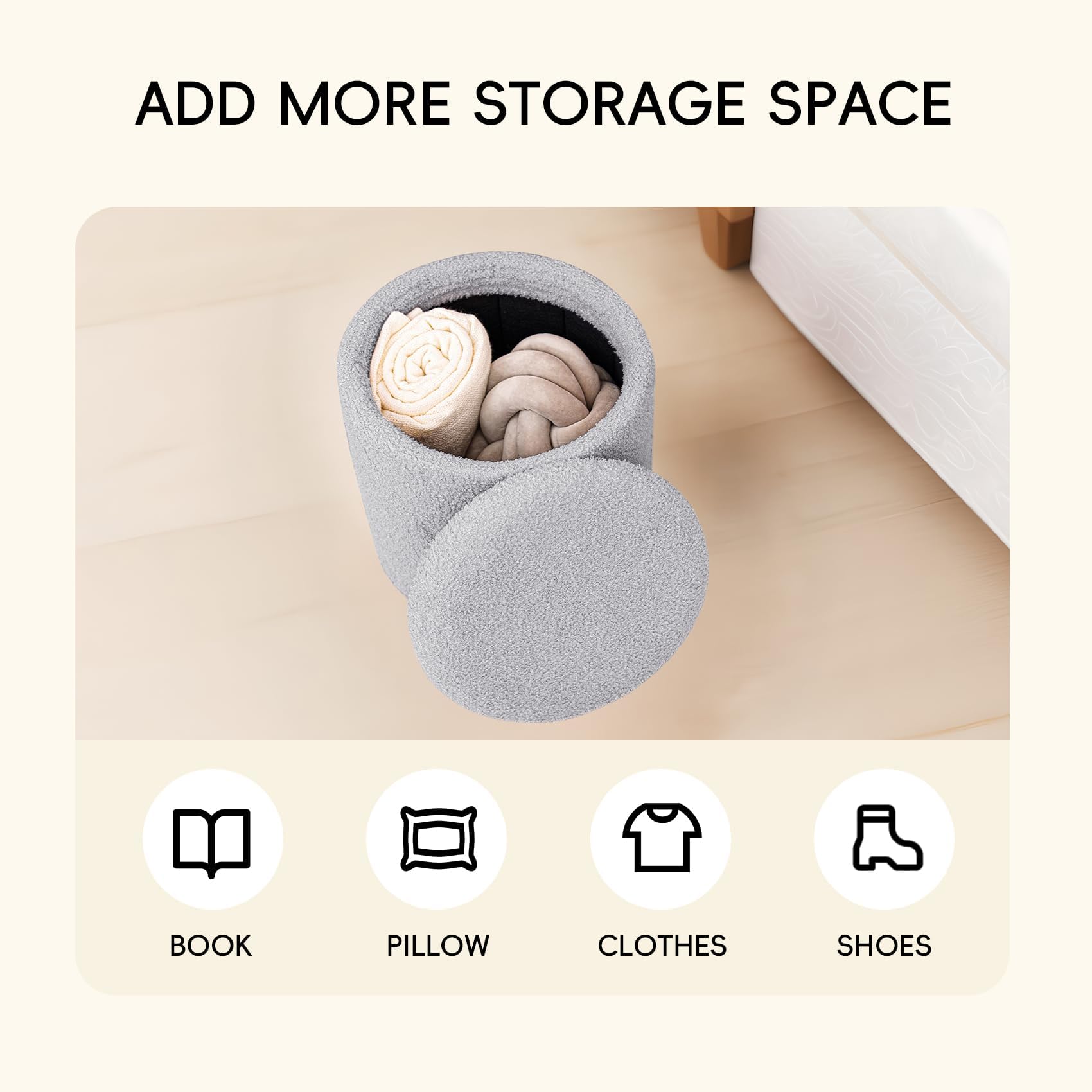 PINPLUS Pouf rotondo con contenitore, poggiapiedi convertibile in morbido bouclé, imbottito e pieghevole, per soggiorno e camera da letto, 33 x 33 x 35 cm, grigio