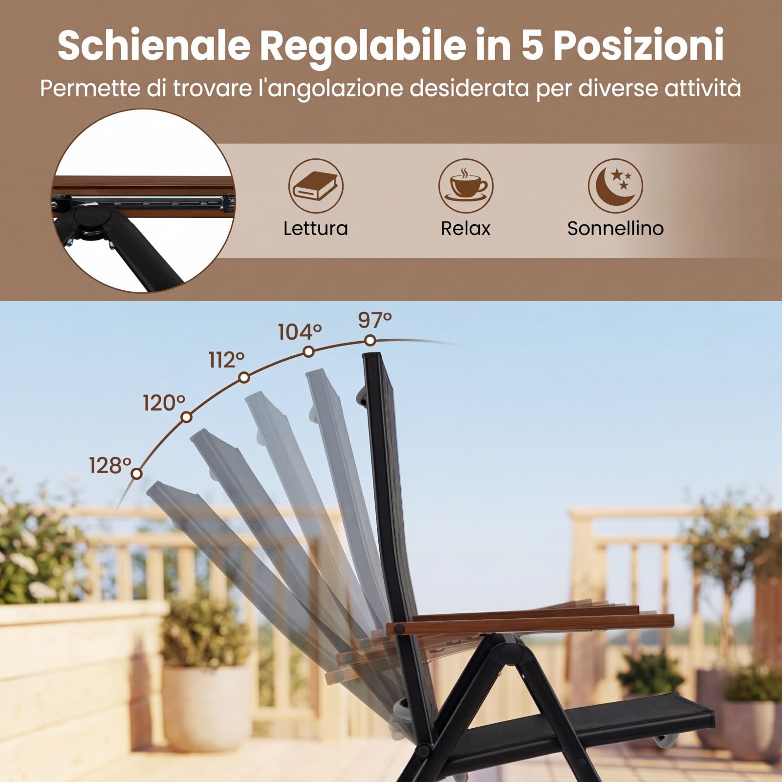 COSTWAY Set di 2/4 Sedie da Giardino Pieghevole, Struttura in Metallo, Poltrona in Tessuto Traspirante, Schienale Regolabile, per Balcone, Giardino, Terrazzo, Portata 150 kg (2,Nero)