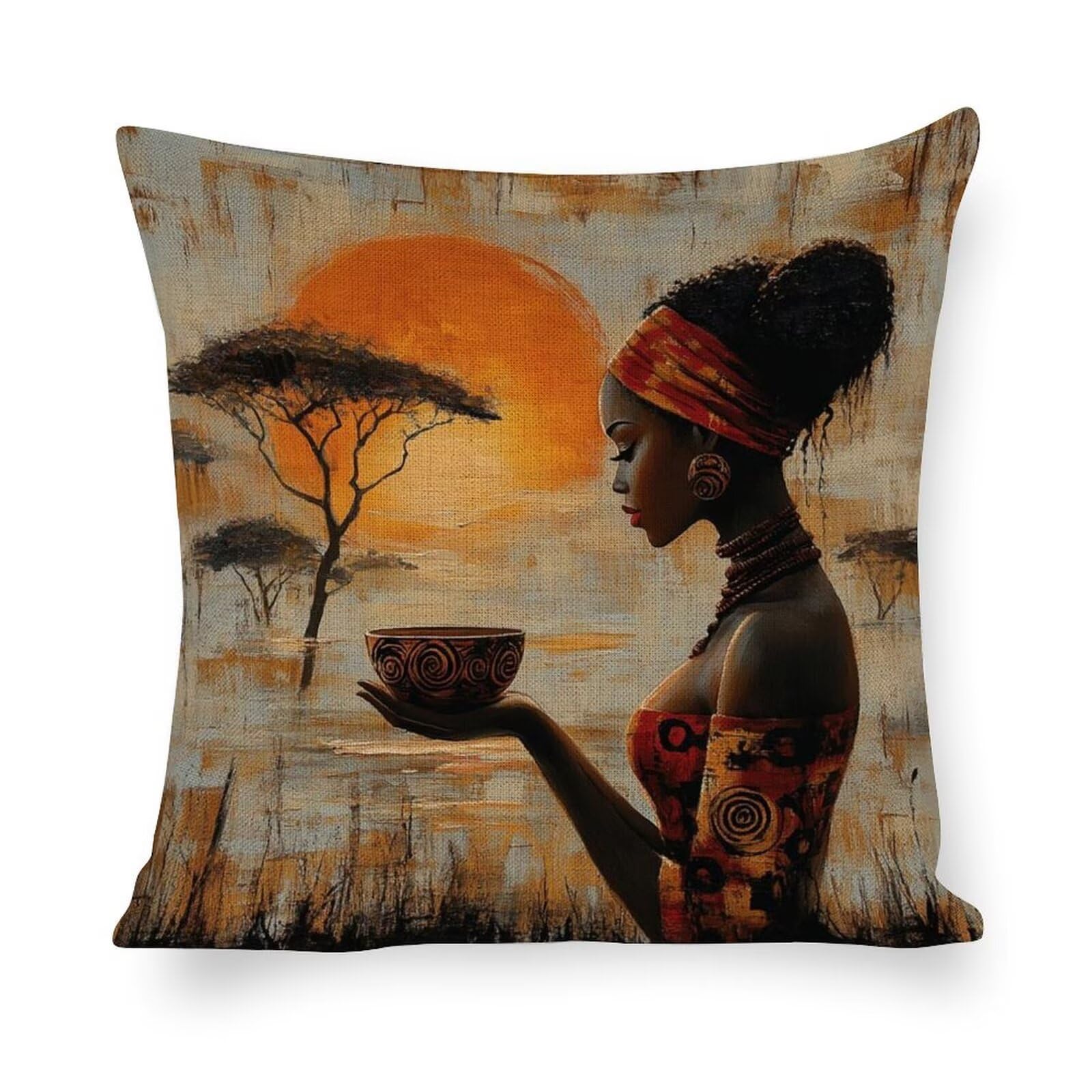 Juego de 4 Fundas de Cojín Lino 70x70 Centímetros - Diseño Mujer Africana con Cremallera, Lavable a Máquina & Anti-Arrugas - Fundas Sofá Cama Cuadradas para Salón Dormitorio Decoración Hogar Q3254