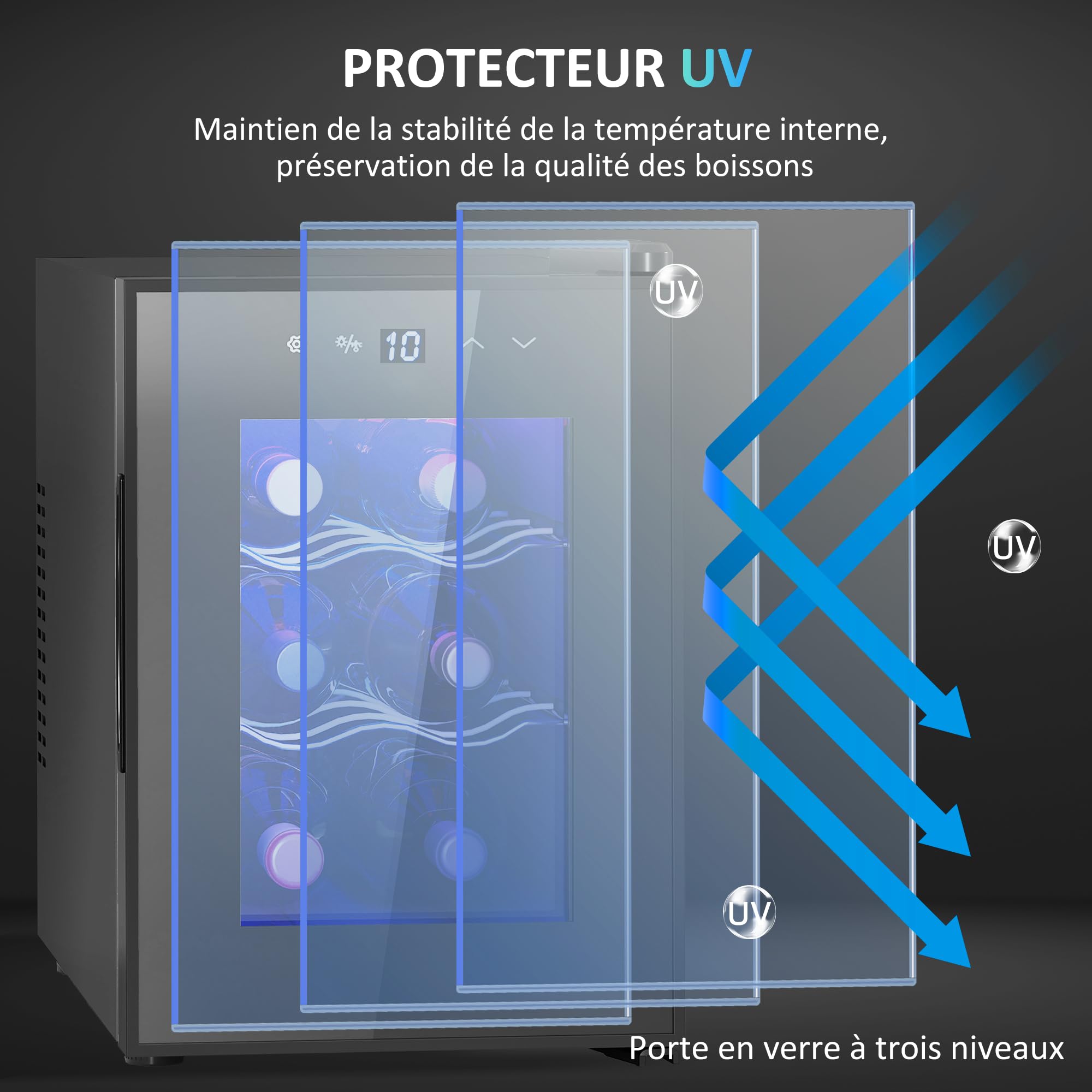 HOMCOM Cave à Vin 6 Bouteilles 17L, Réfrigérateur à Vin Silencieux, Porte en Verre, Éclairage LED, Écran Tactile, Contrôle Température 8-18°C, Protection UV, Noir