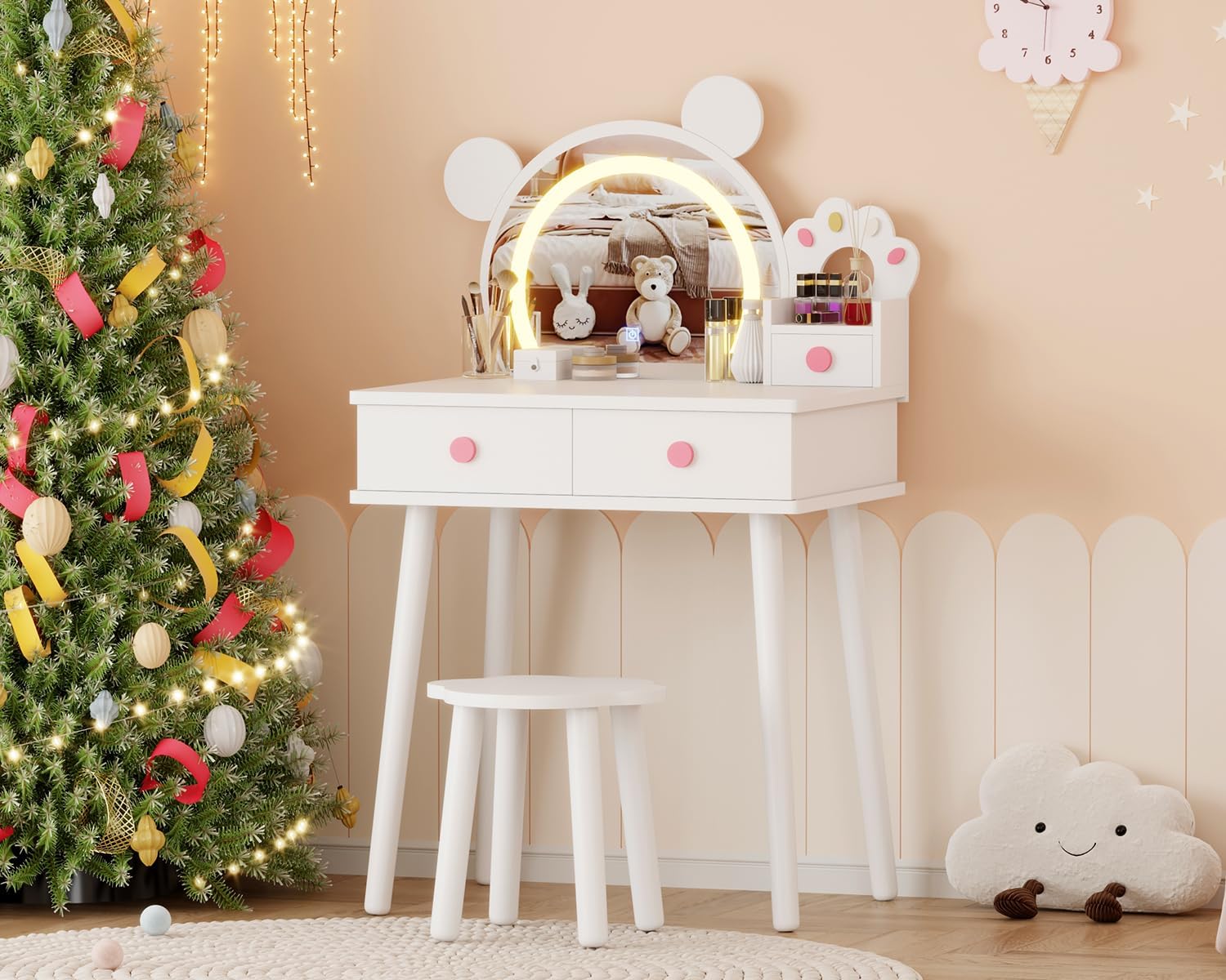 Garvee Kinder-Make-Up-Tisch Set Mit Bärenspiegel – Weißer MDF-Schminktisch Mit Blütenhocker & 3-Farben-Spiegel, 64x47x19 cm Spieltisch Für Mädchen, Praktischer Kinder-Schminktisch Für Schlafzimmer