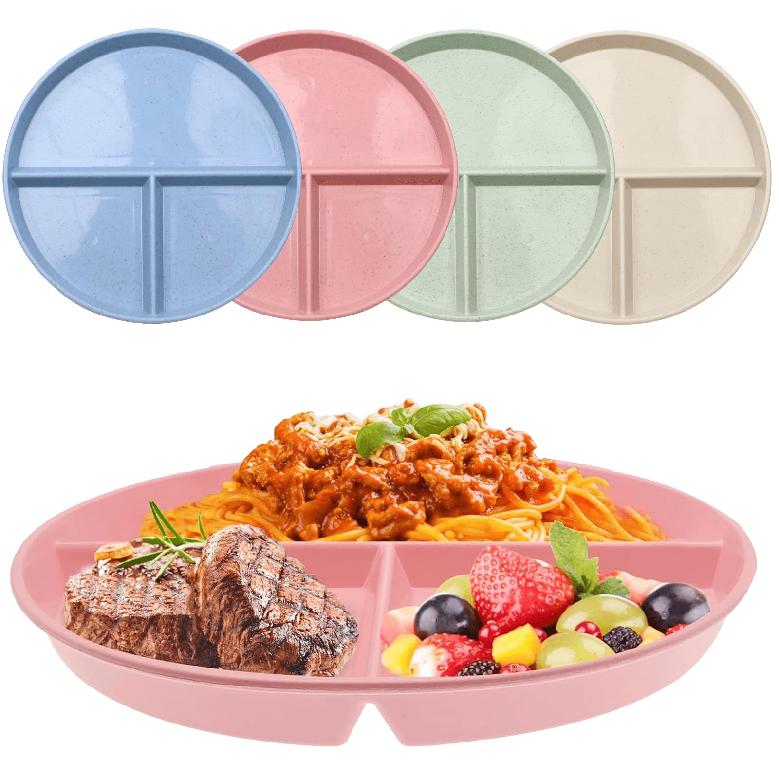 4PCS Divided Dinner Plates,9 inch Three Grid Portion Control Compartment Plates,Reusable Plastic Divider Plates,Unbreakable Picnic Plates for Children Kids Adult, Microwave Safe